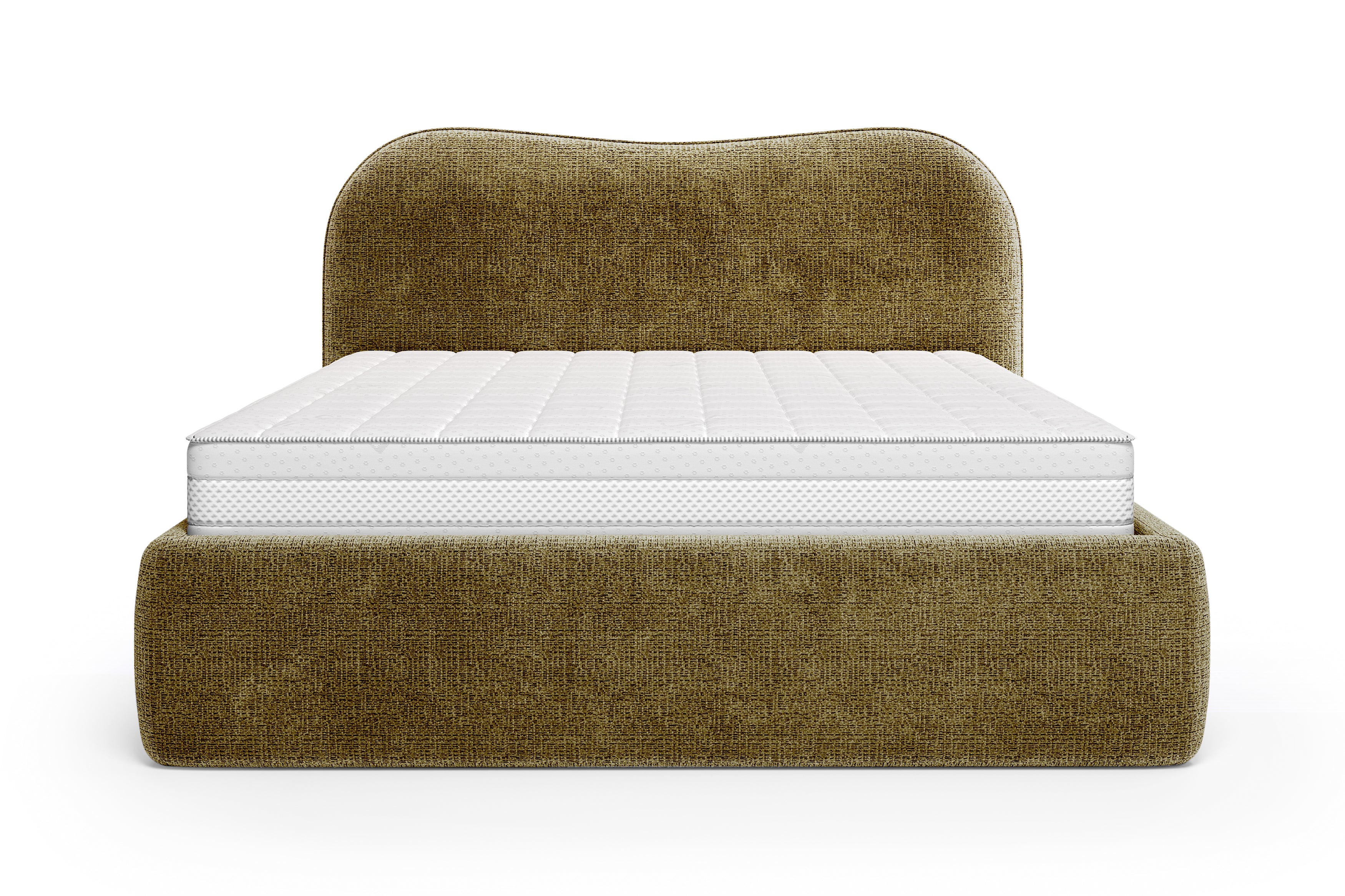 Lit coffre Gravilliers 160x200 cm en tissu chenille vert olive Paname Avenue, vue de face sur fond blanc