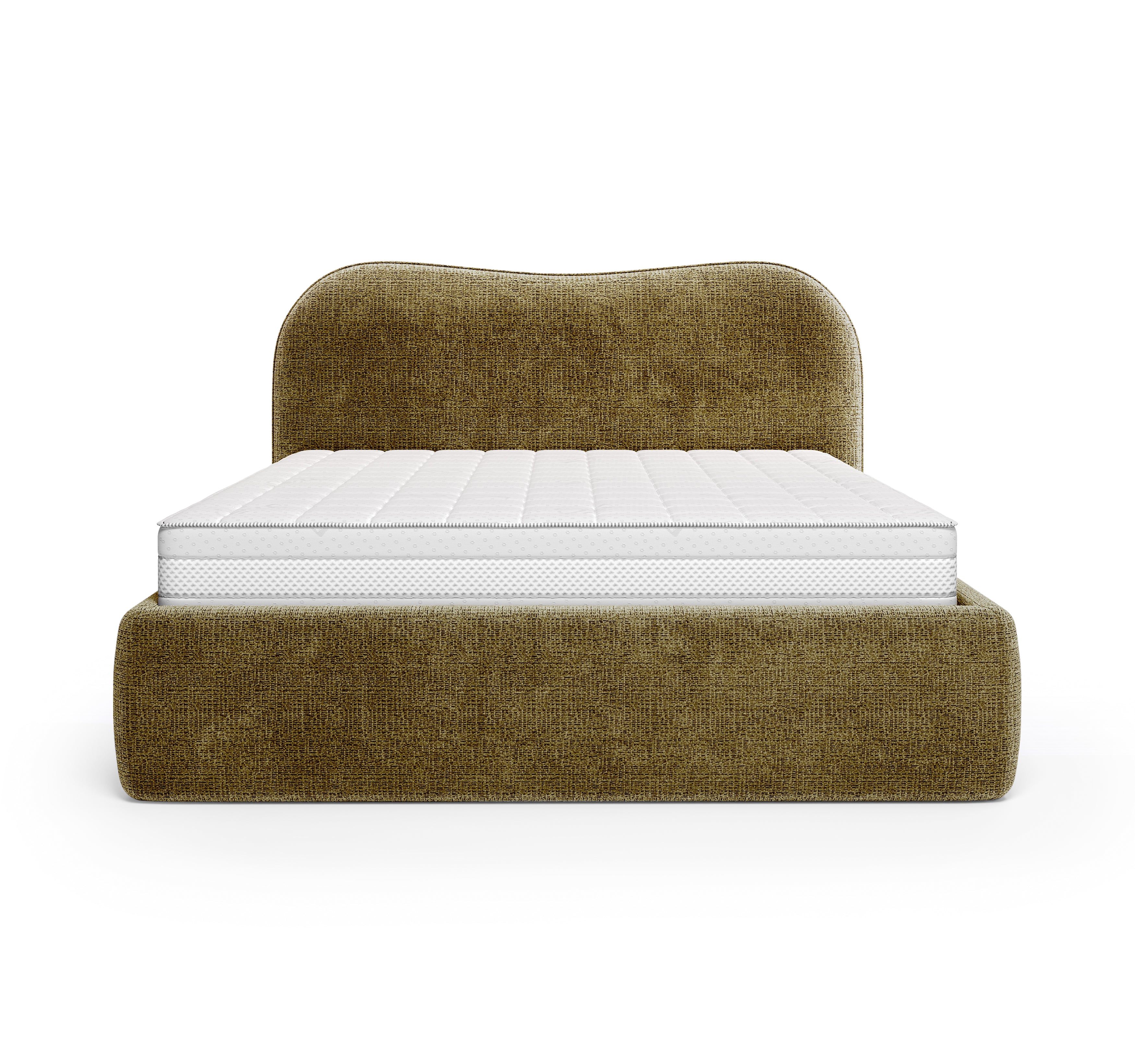 Lit coffre Gravilliers 160x200 cm en tissu chenille vert olive Paname Avenue, vue de face sur fond blanc