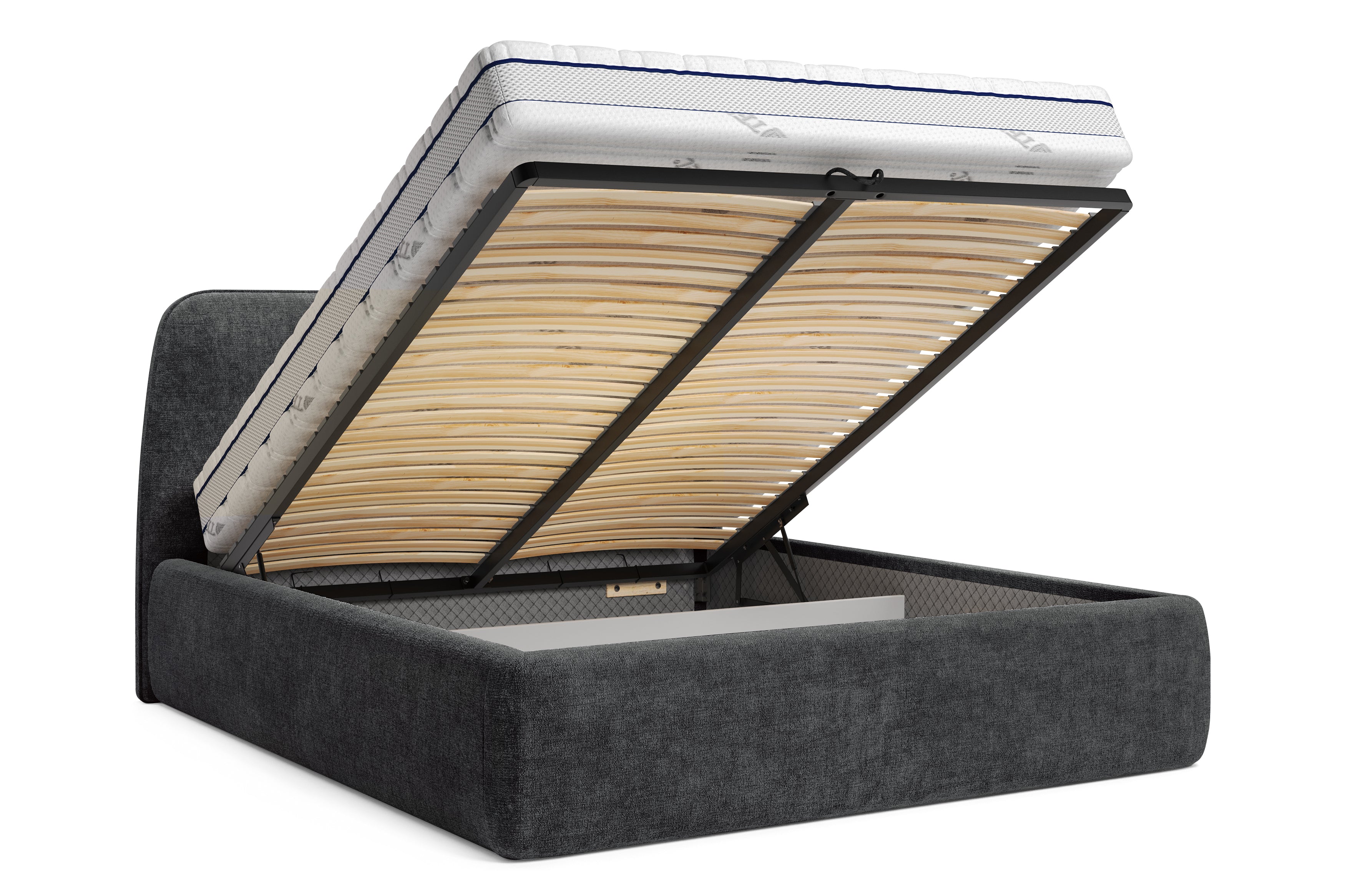 Lit coffre Rosiers 160x200 en tissu chenille anthracite Paname Avenue, coffre de rangement ouvert sur fond blanc