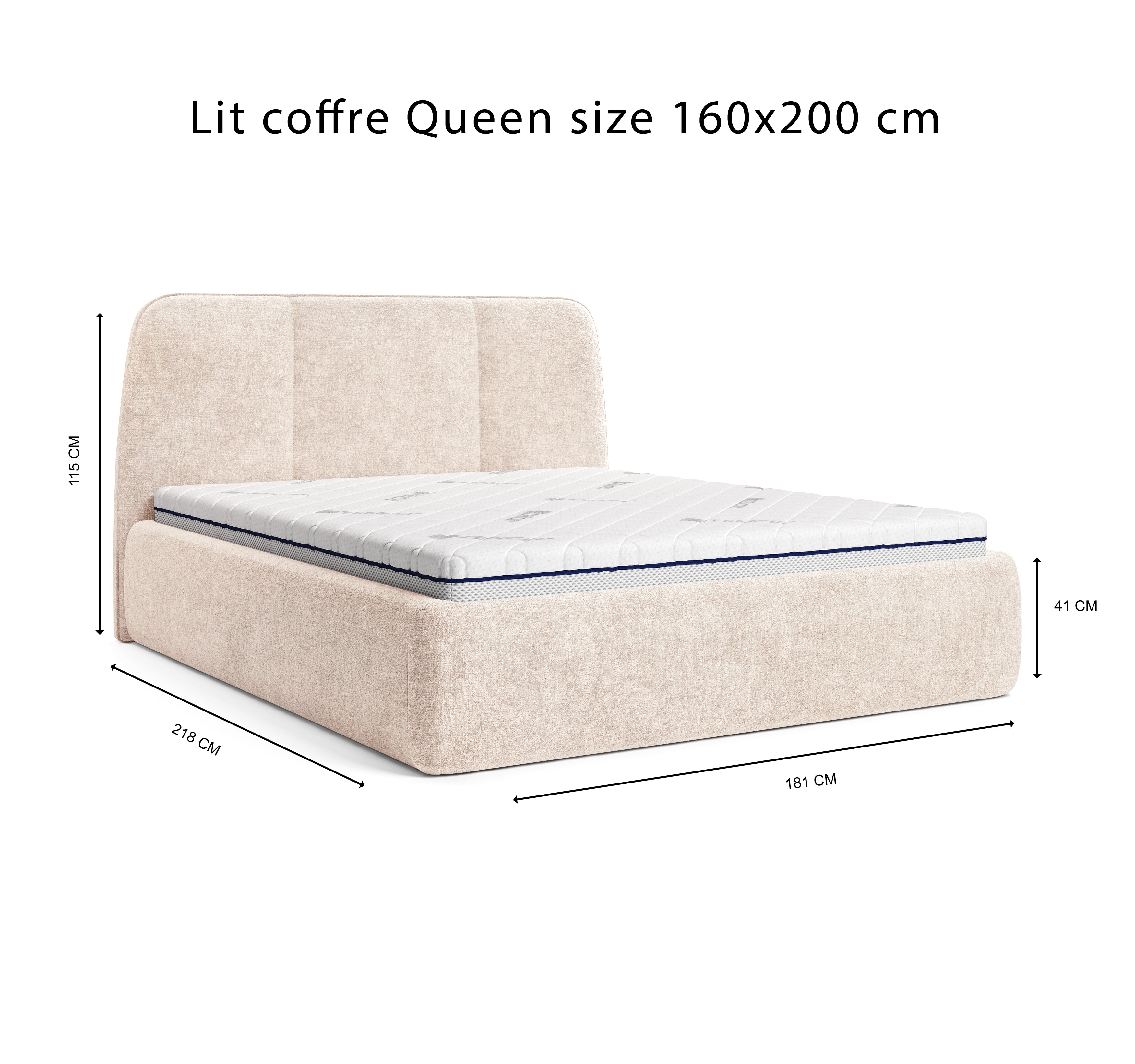 Lit coffre Rosiers 160x200 en tissu chenille beige Paname Avenue, schéma des dimensions du lit
