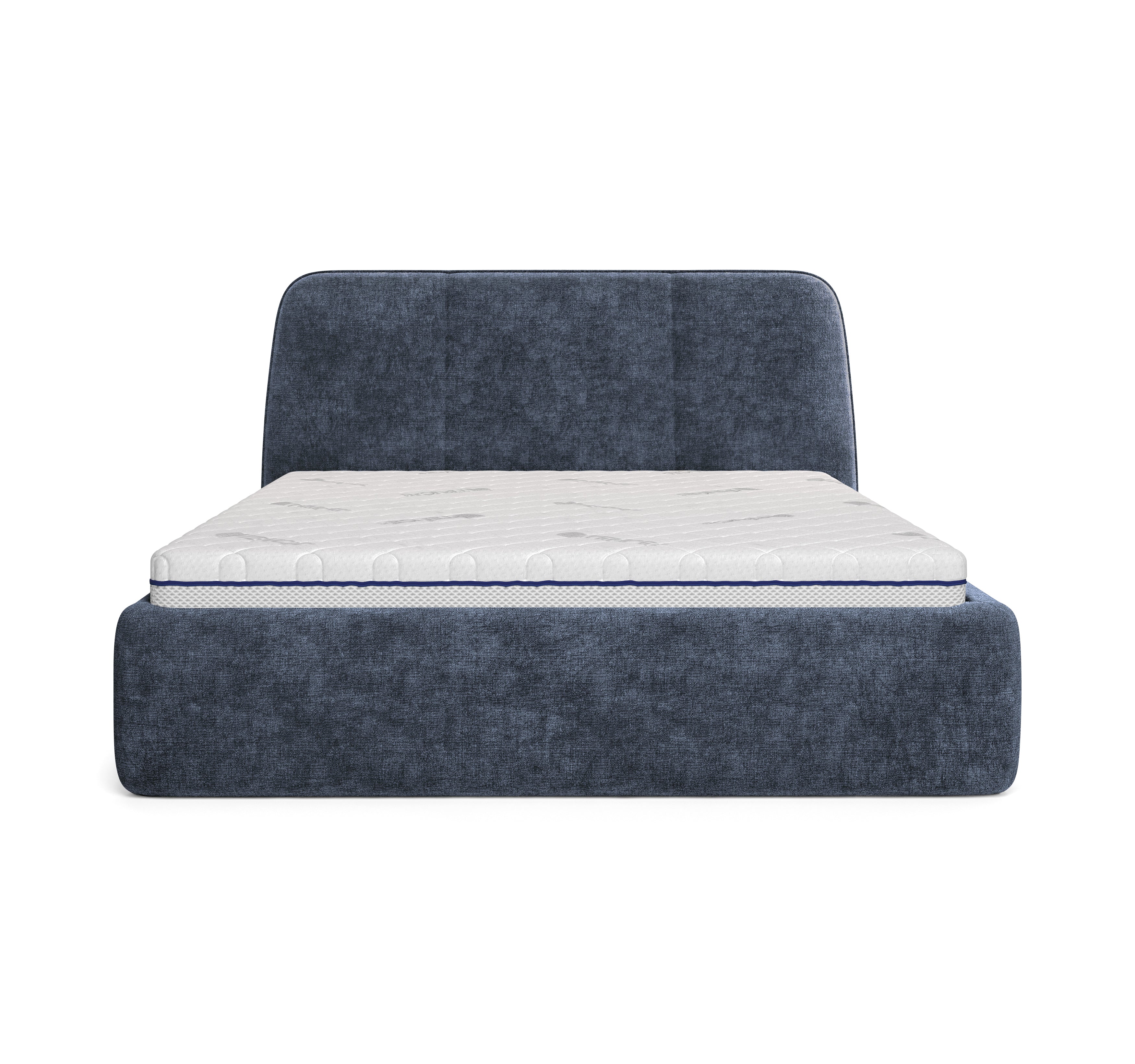 Lit coffre Rosiers 160x200 en tissu chenille bleu Paname Avenue, vue de face sur fond blanc