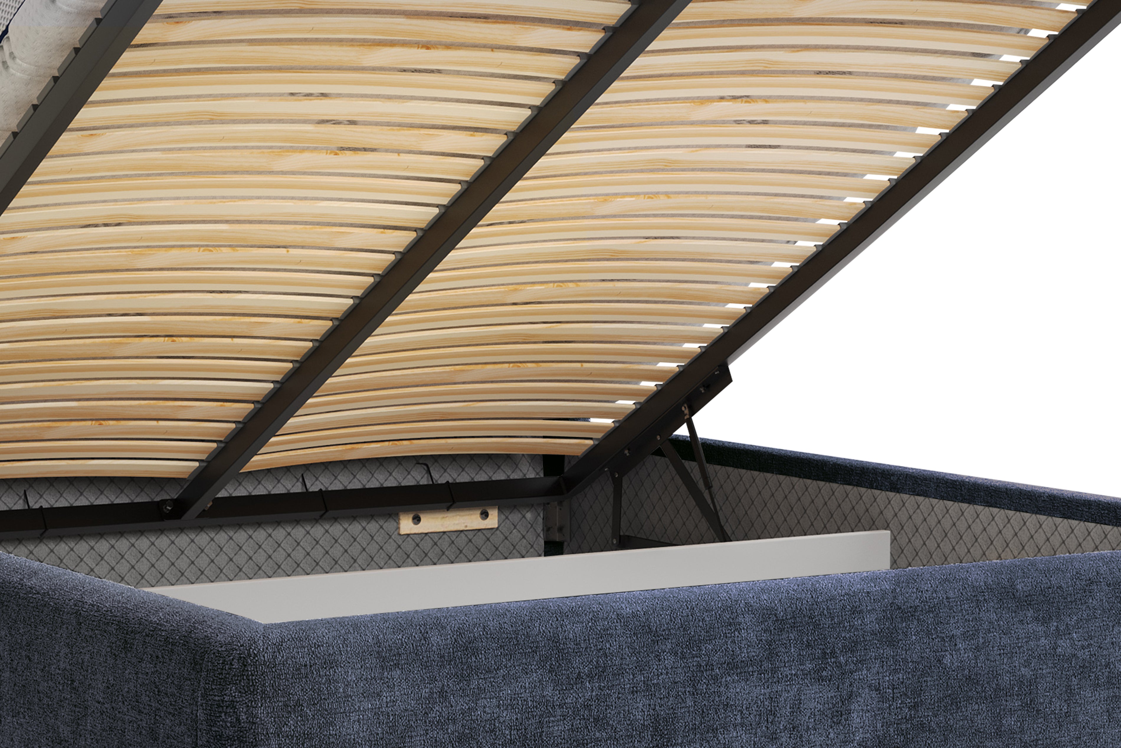 Lit coffre Rosiers 160x200 en tissu chenille bleu Paname Avenue, zoom sur le mécanisme de levage