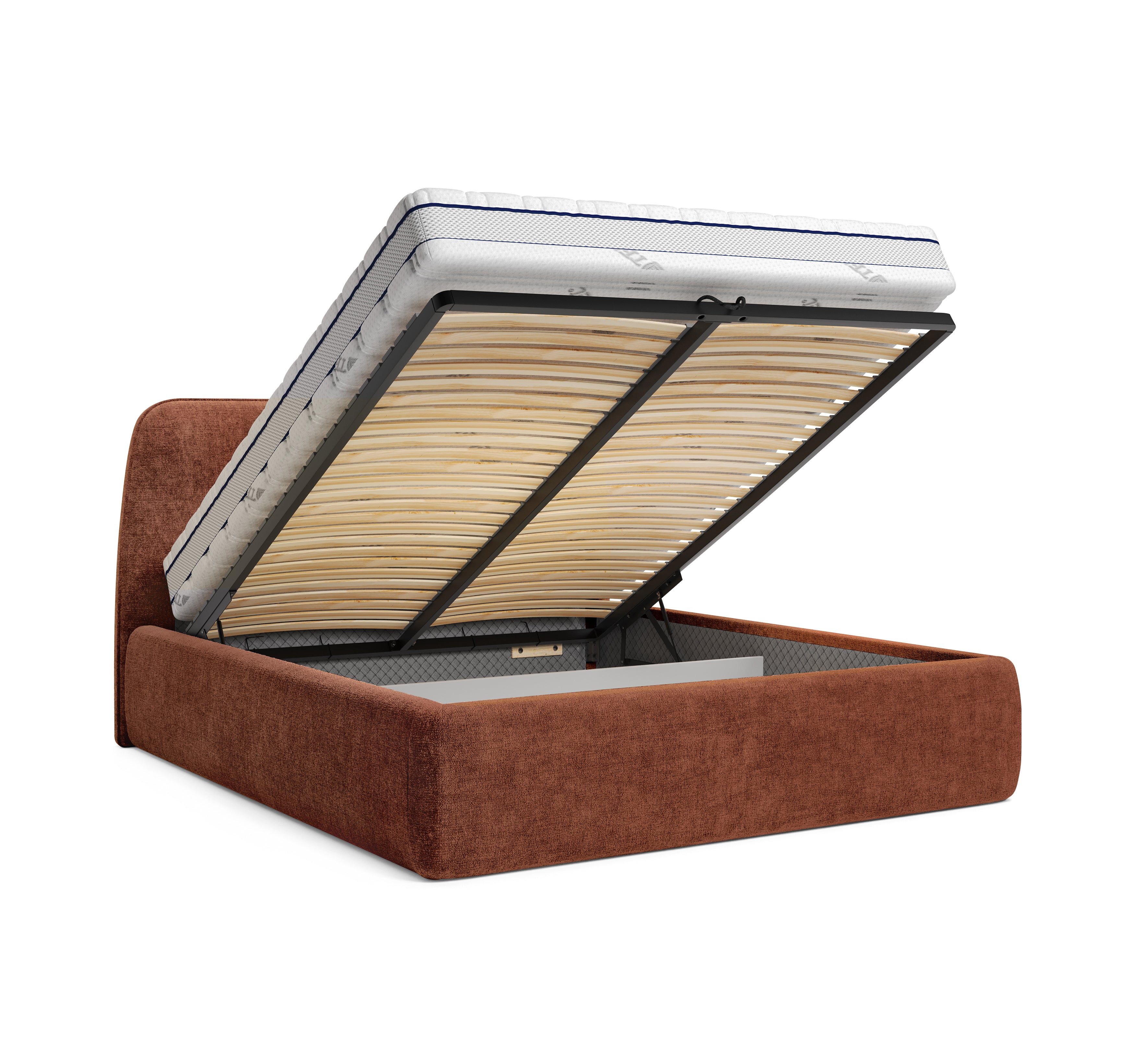 Lit coffre Rosiers 160x200 en tissu chenille terracotta Paname Avenue, coffre de rangement ouvert sur fond blanc
