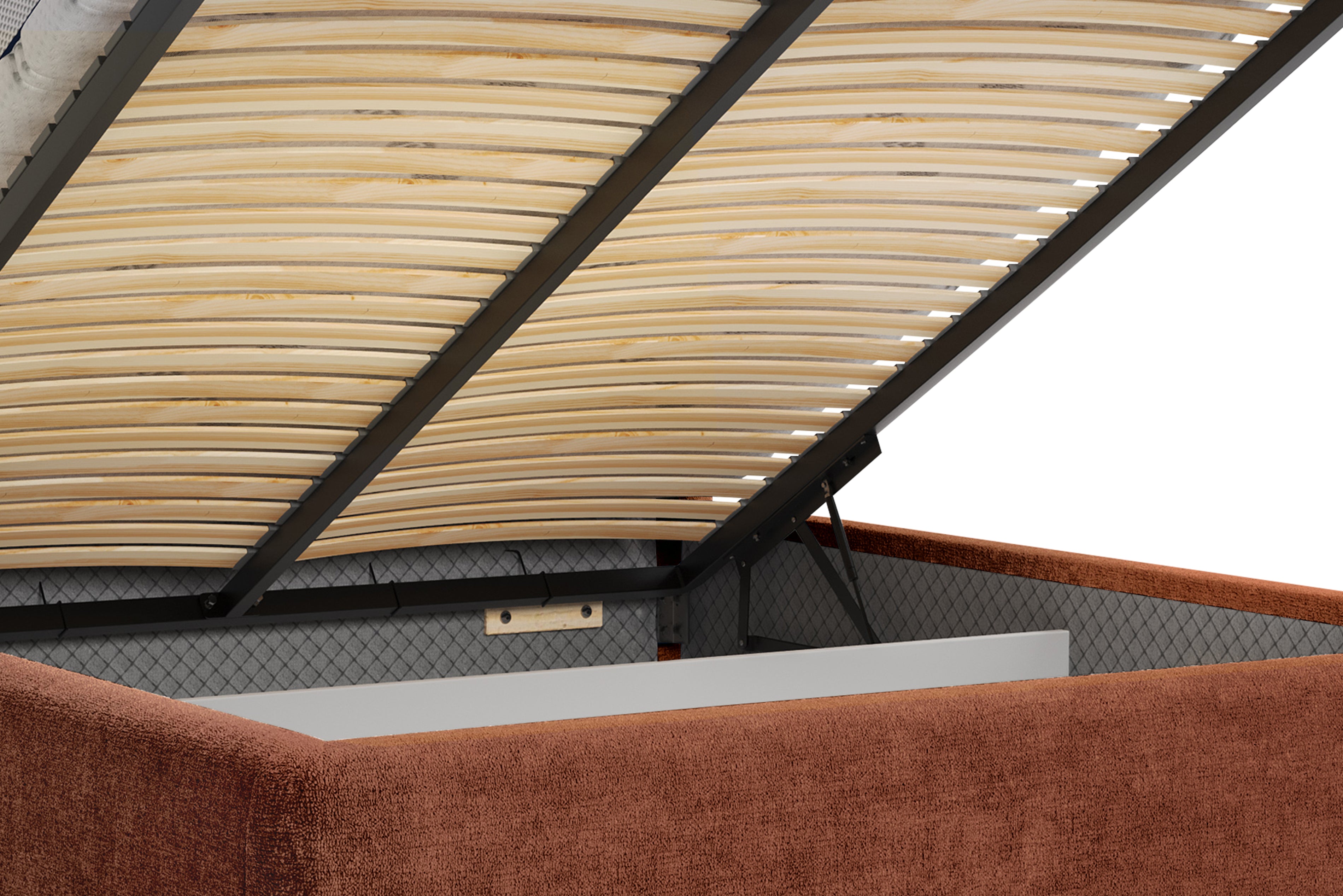 Lit coffre Rosiers 160x200 en tissu chenille terracotta Paname Avenue, zoom sur le mécanisme de levage