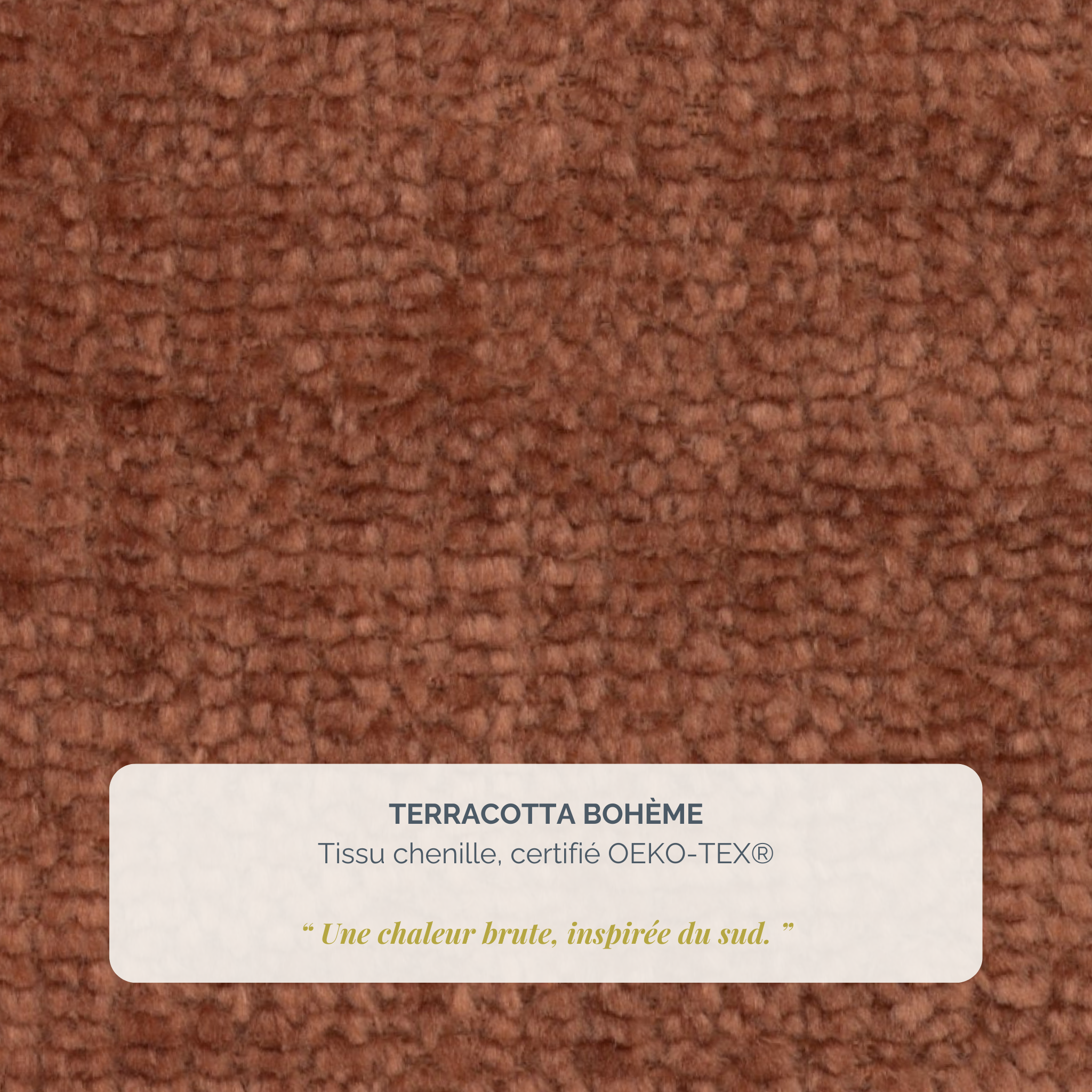 Lit coffre Rosiers 160x200 en tissu chenille terracotta Paname Avenue, détail de la texture du revêtement