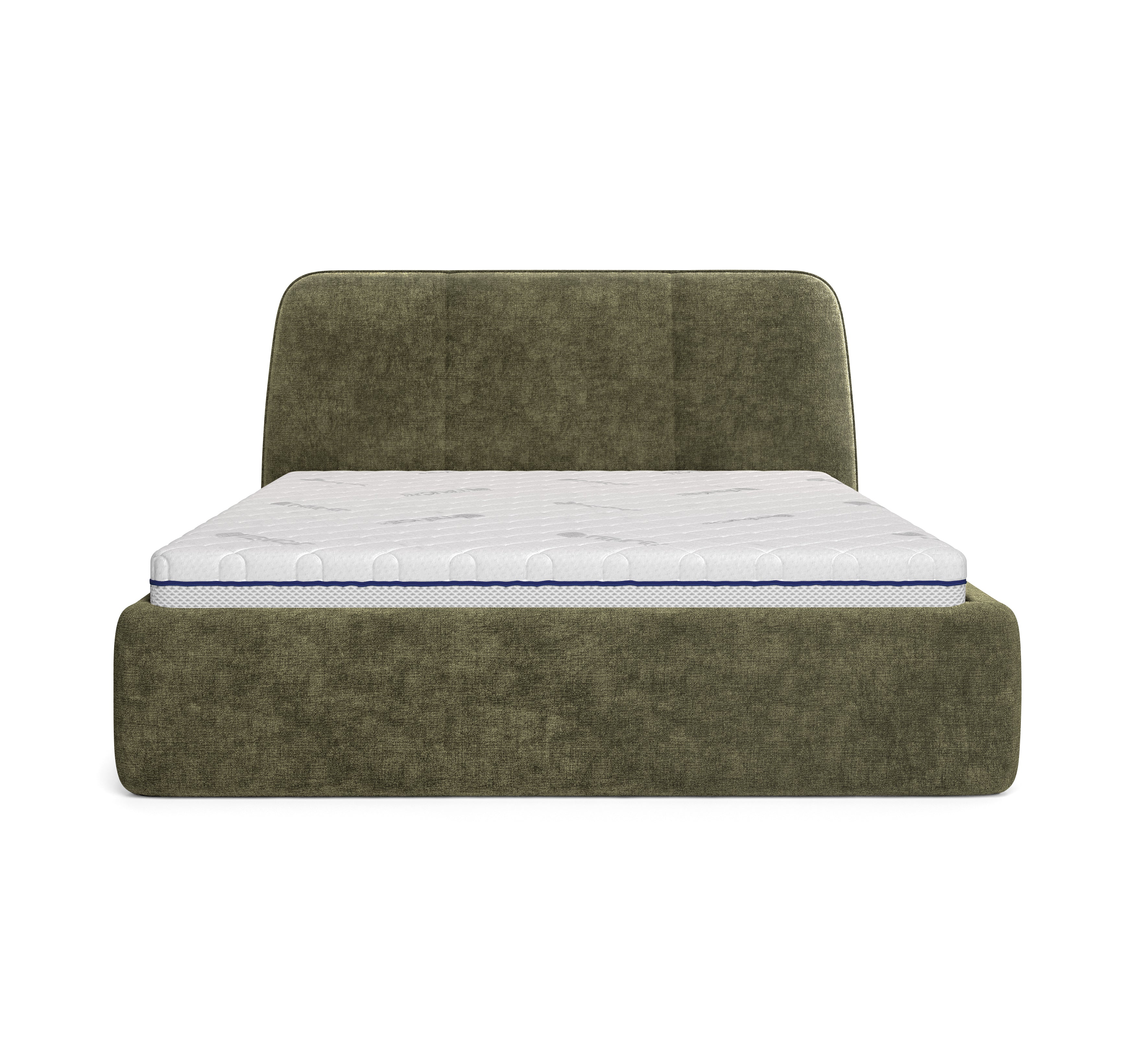 Lit coffre Rosiers 160x200 en tissu chenille vert olive Paname Avenue, vue de face sur fond blanc