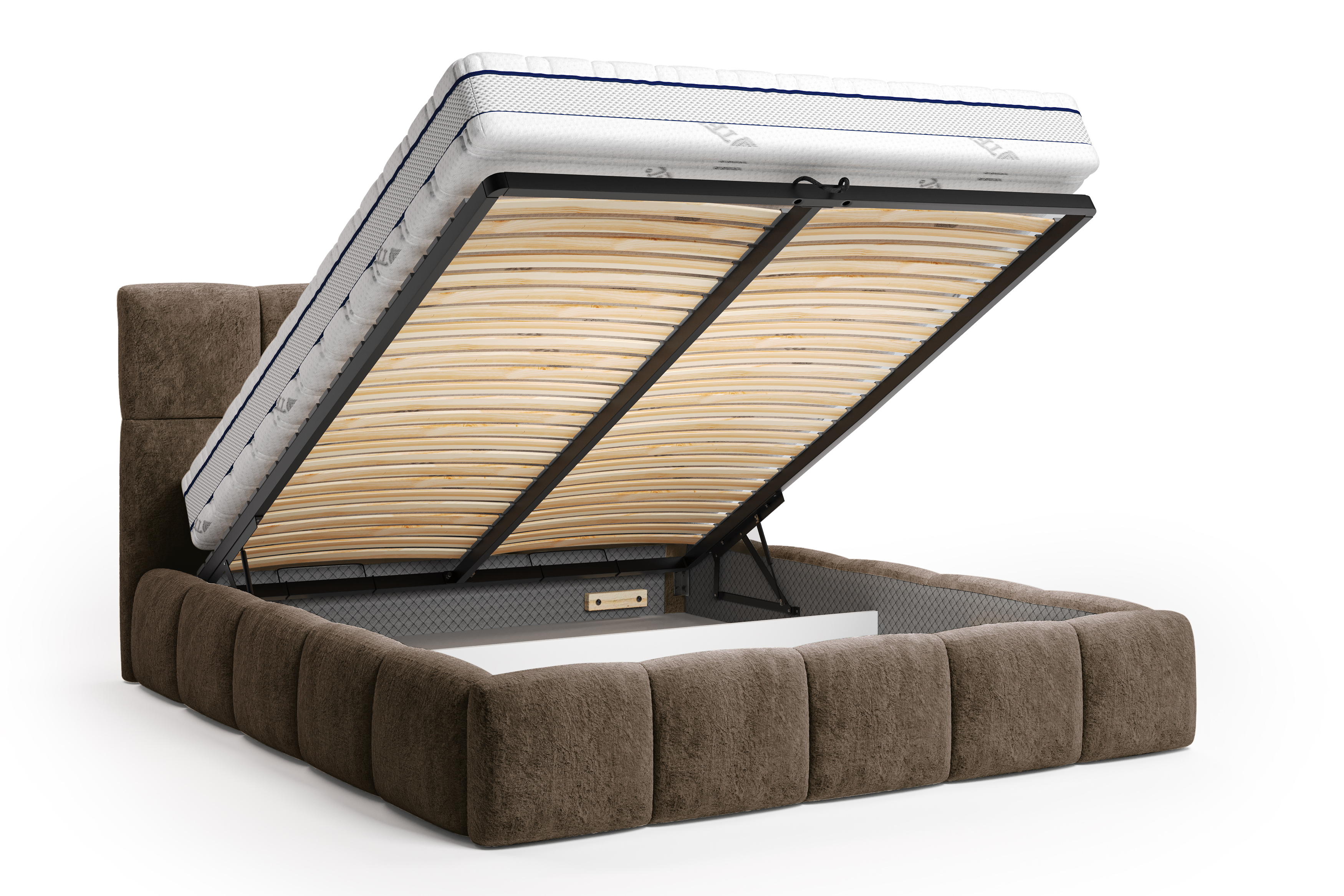 Lit coffre Steinkerque 160x200 cm en tissu peluche à poil long marron Paname Avenue, coffre de rangement ouvert sur fond blanc