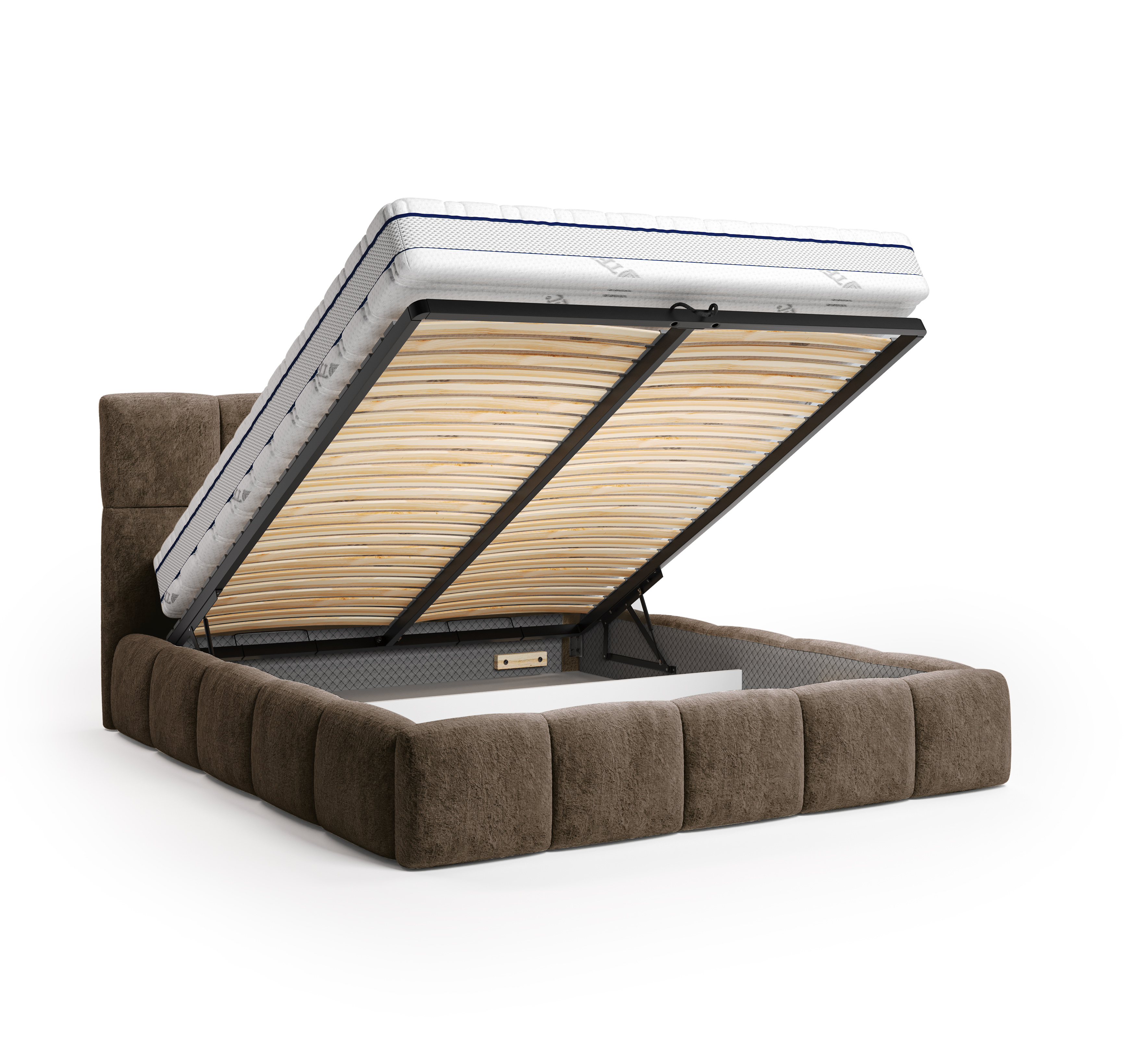 Lit coffre Steinkerque 160x200 cm en tissu peluche à poil long marron Paname Avenue, coffre de rangement ouvert sur fond blanc