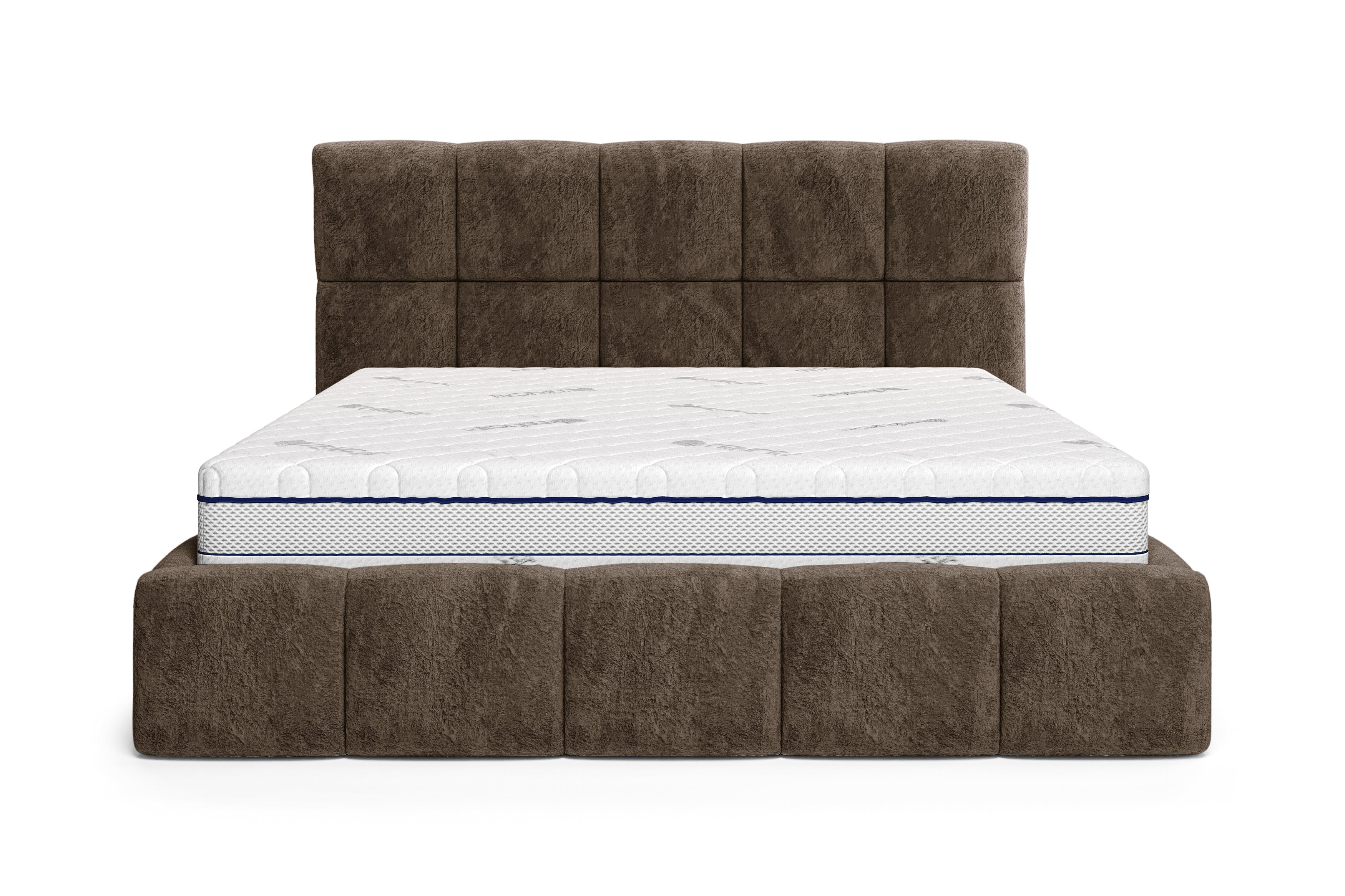 Lit coffre Steinkerque 160x200 cm en tissu peluche à poil long marron Paname Avenue, vue de face sur fond blanc