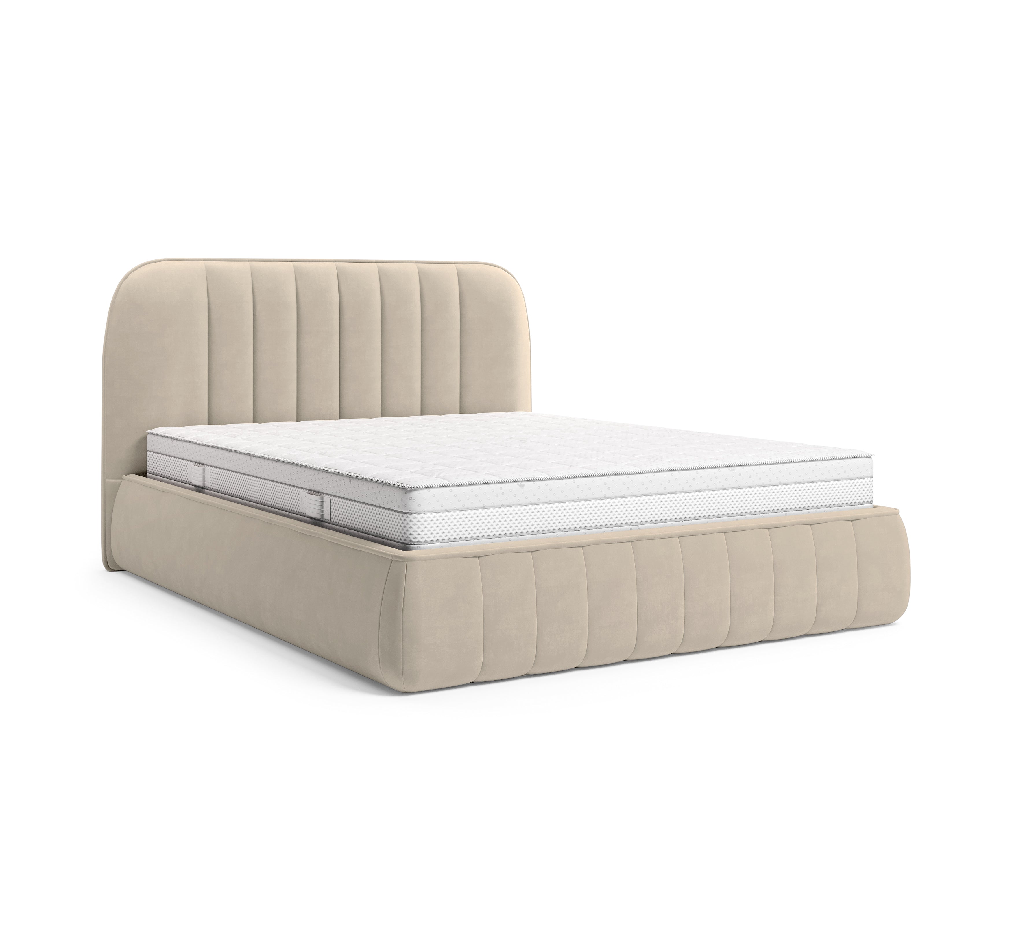 Lit coffre Timbaud 160x200 en tissu velours lisse beige Paname Avenue, vue trois-quarts sur fond blanc