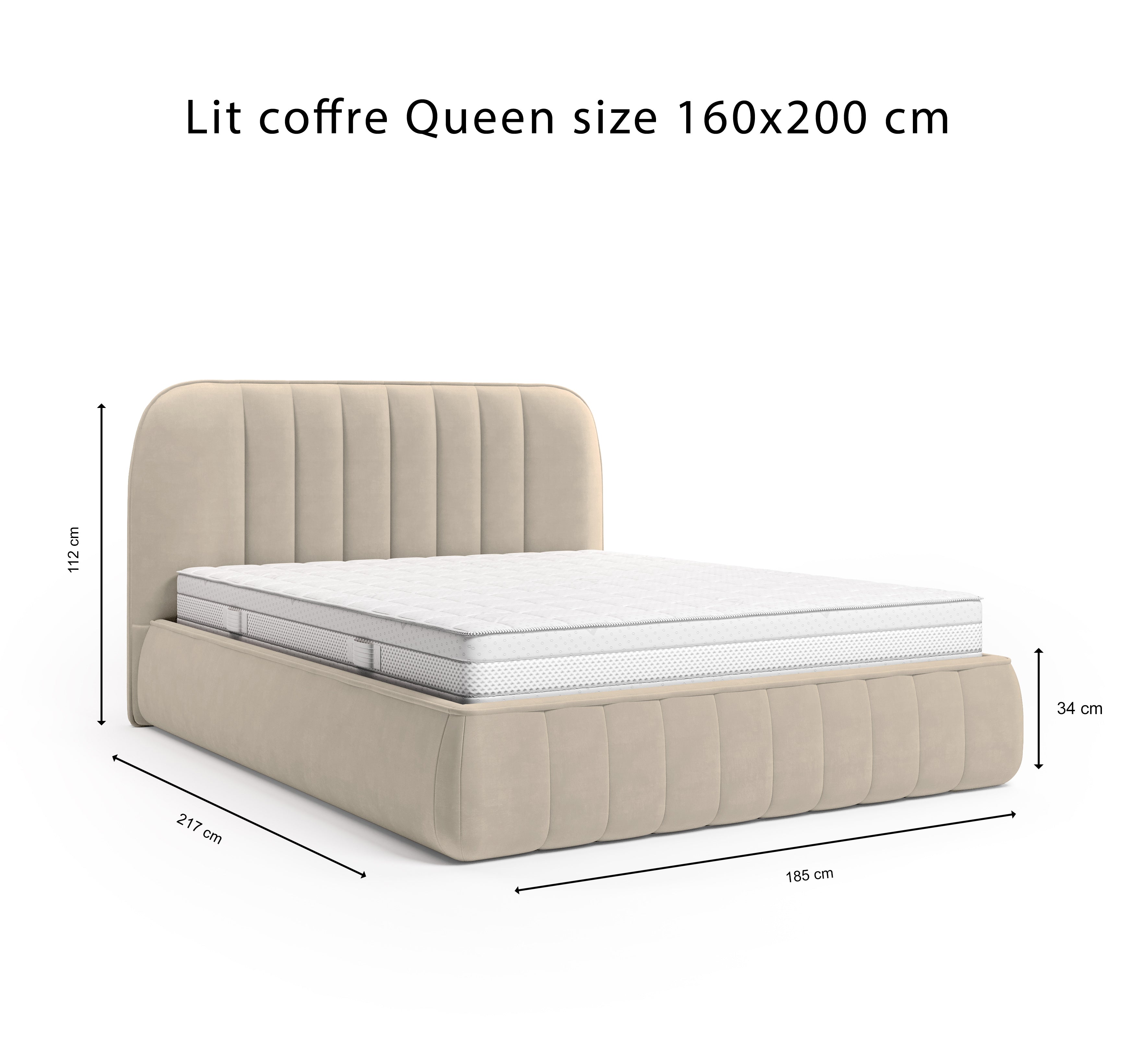 Lit coffre Timbaud 160x200 en tissu velours lisse beige Paname Avenue, schéma des dimensions du lit