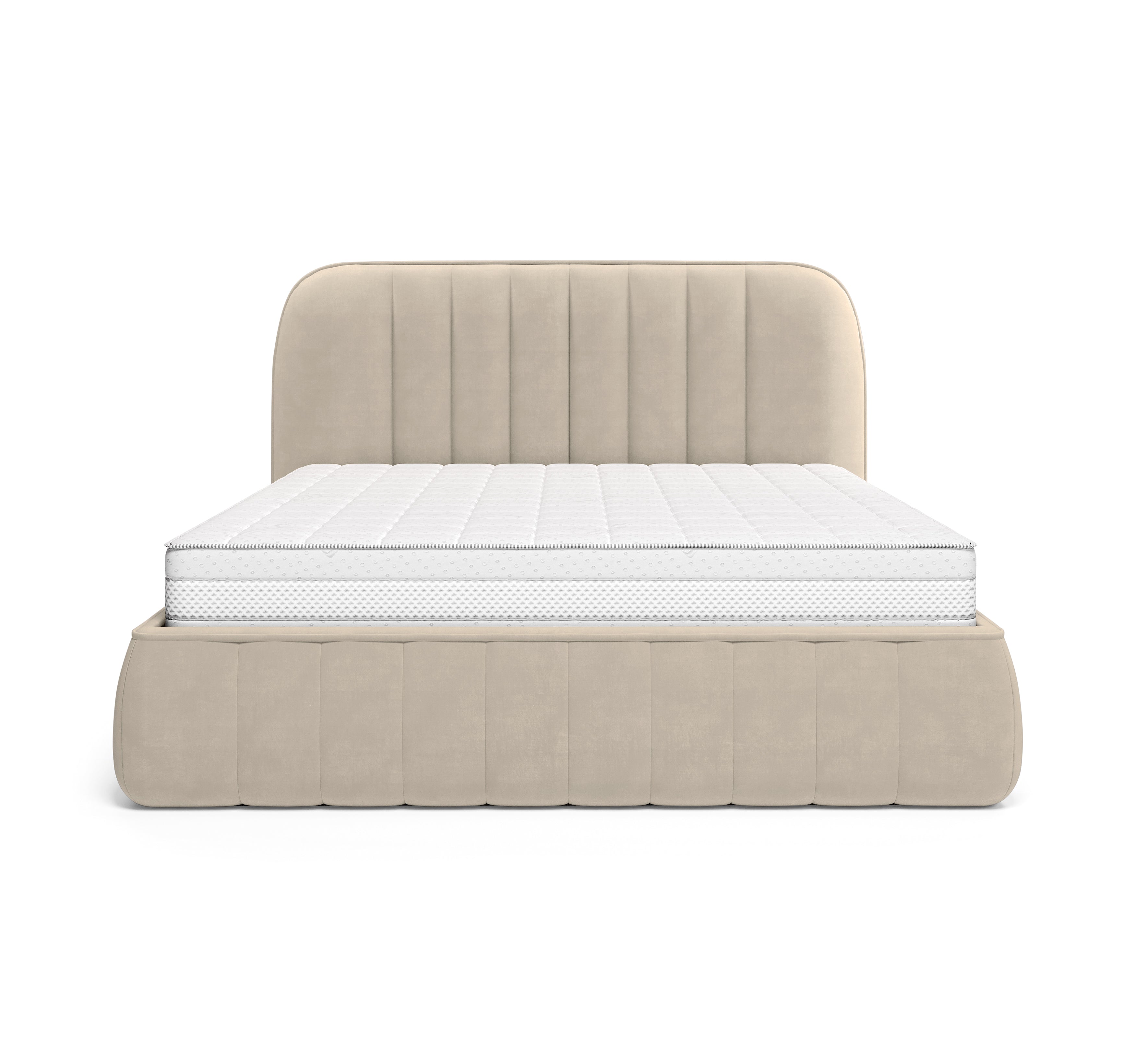 Lit coffre Timbaud 160x200 en tissu velours lisse beige Paname Avenue, vue de face sur fond blanc