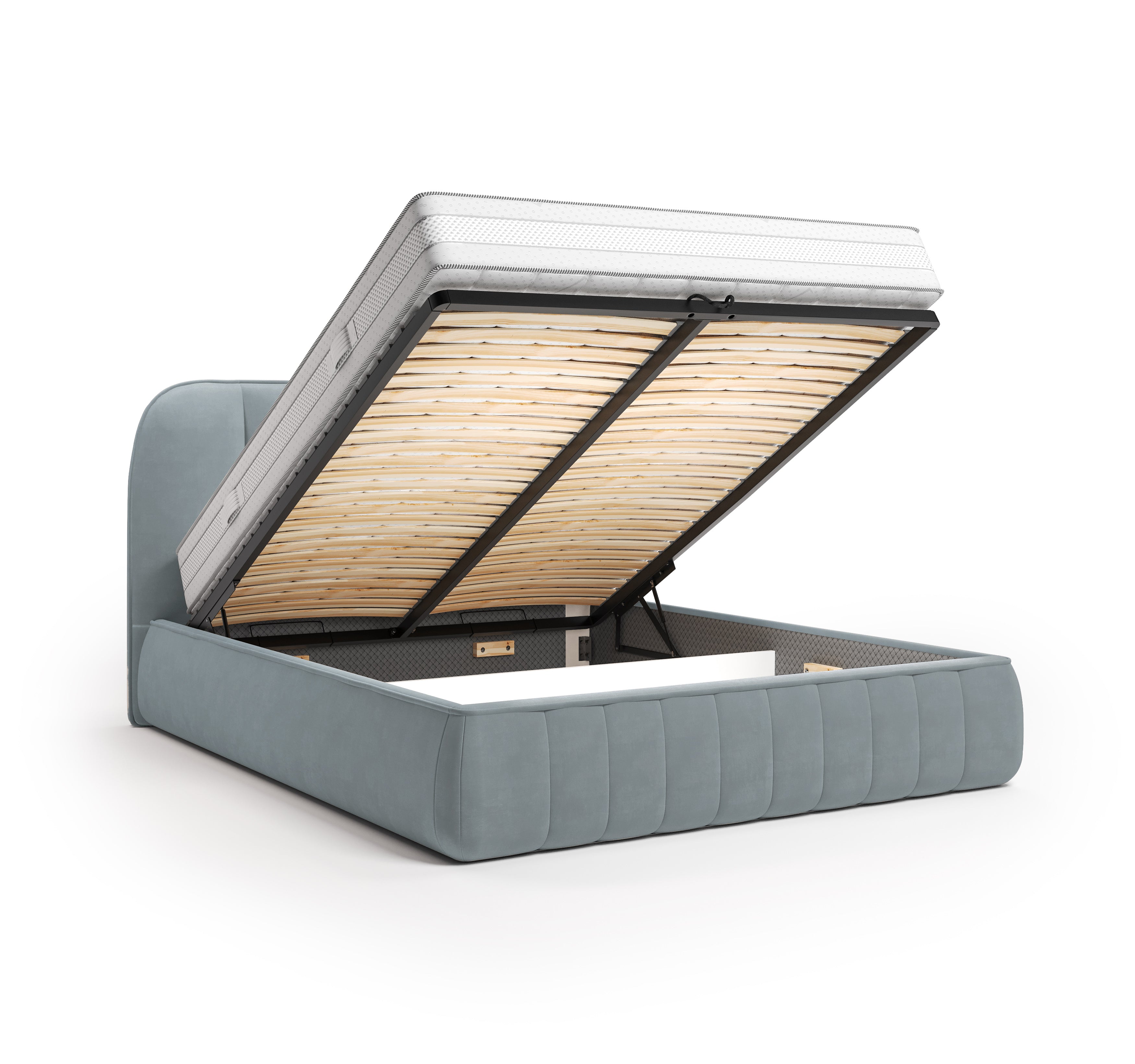 Lit coffre Timbaud 160x200 en tissu velours lisse gris clair Paname Avenue, coffre de rangement ouvert sur fond blanc