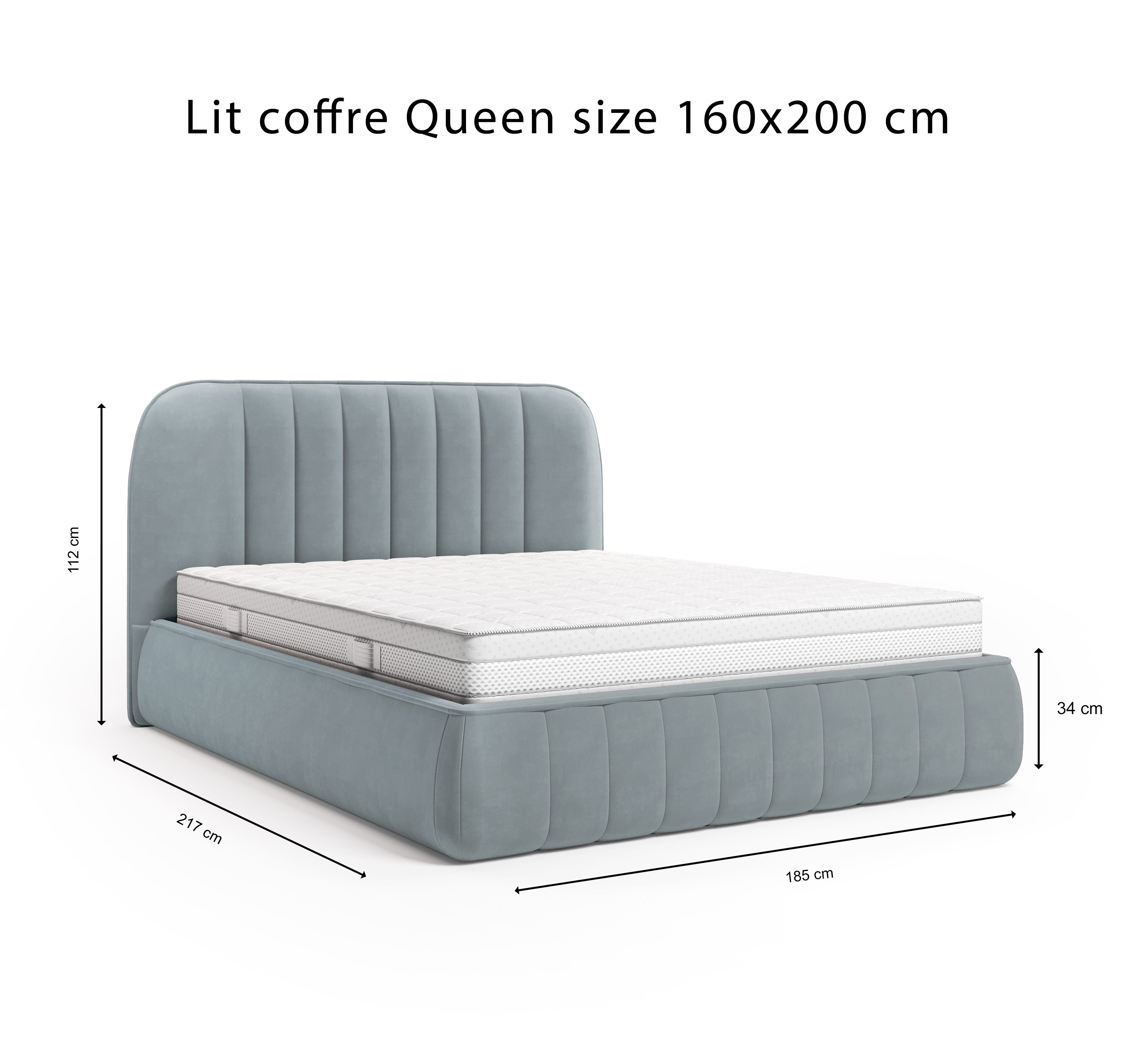 Lit coffre Timbaud 160x200 en tissu velours lisse gris clair Paname Avenue, schéma des dimensions du lit