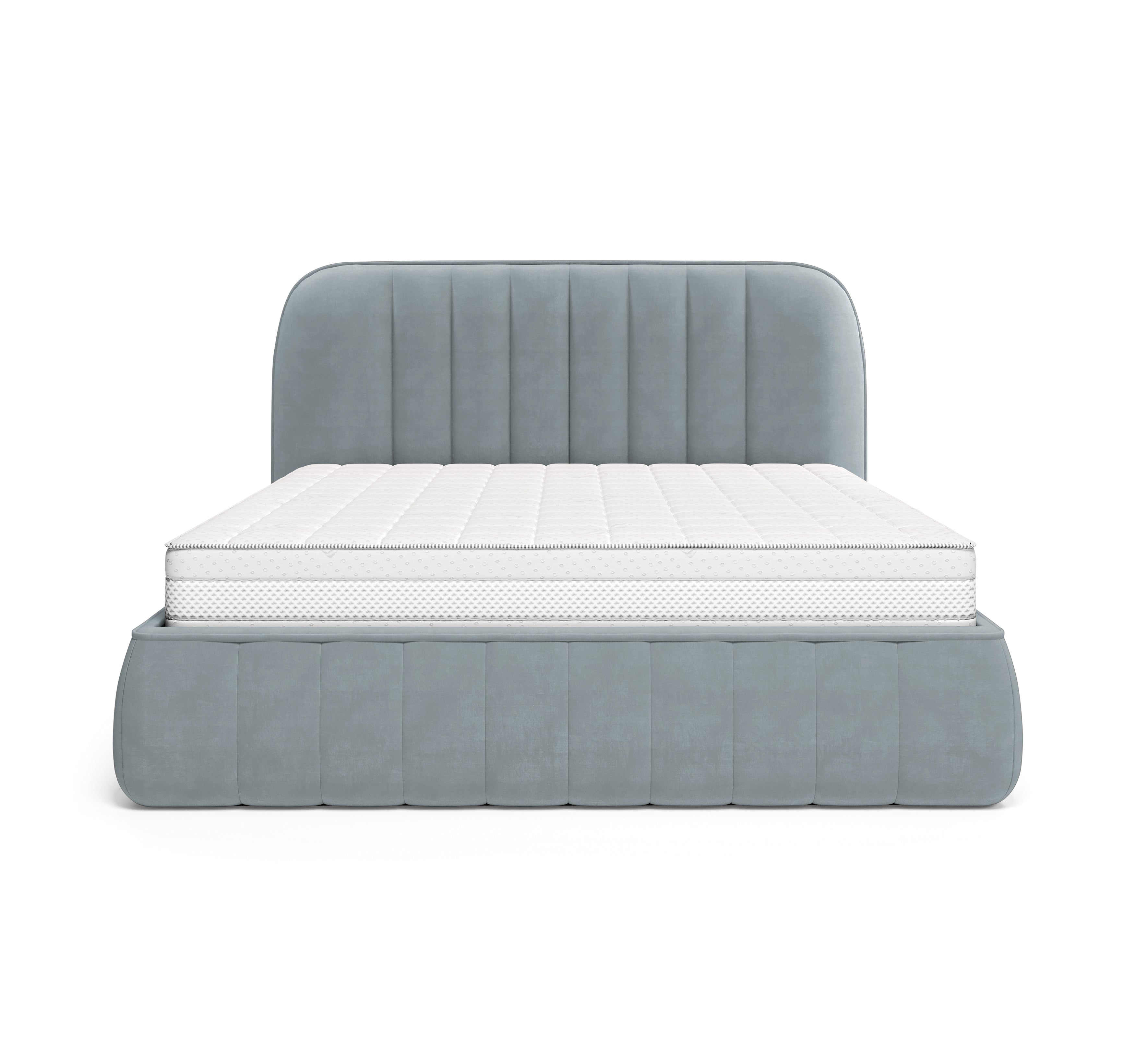 Lit coffre Timbaud 160x200 en tissu velours lisse gris clair Paname Avenue, vue de face sur fond blanc