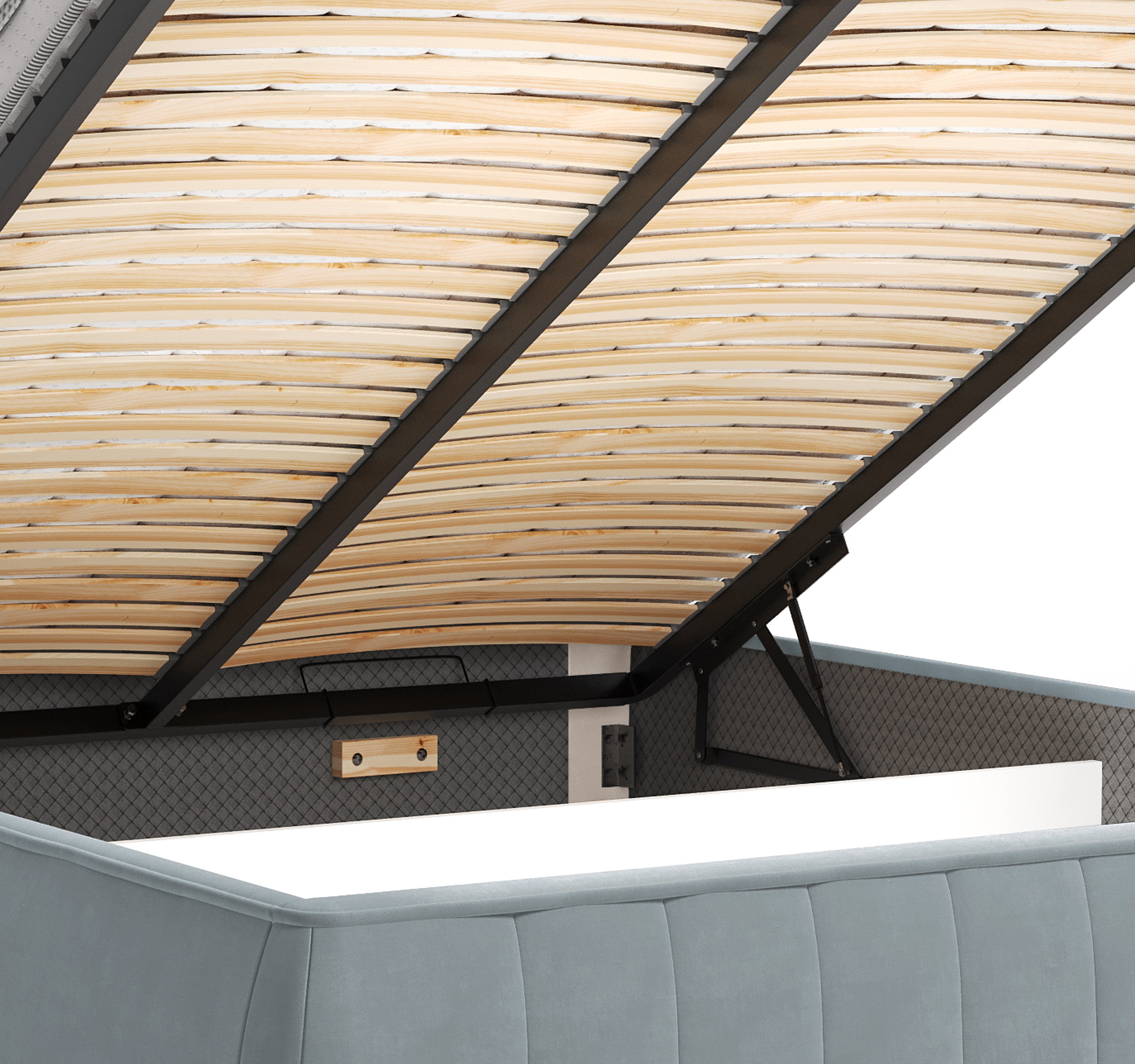 Lit coffre Timbaud 160x200 en tissu velours lisse gris clair Paname Avenue, zoom sur le mécanisme de levage