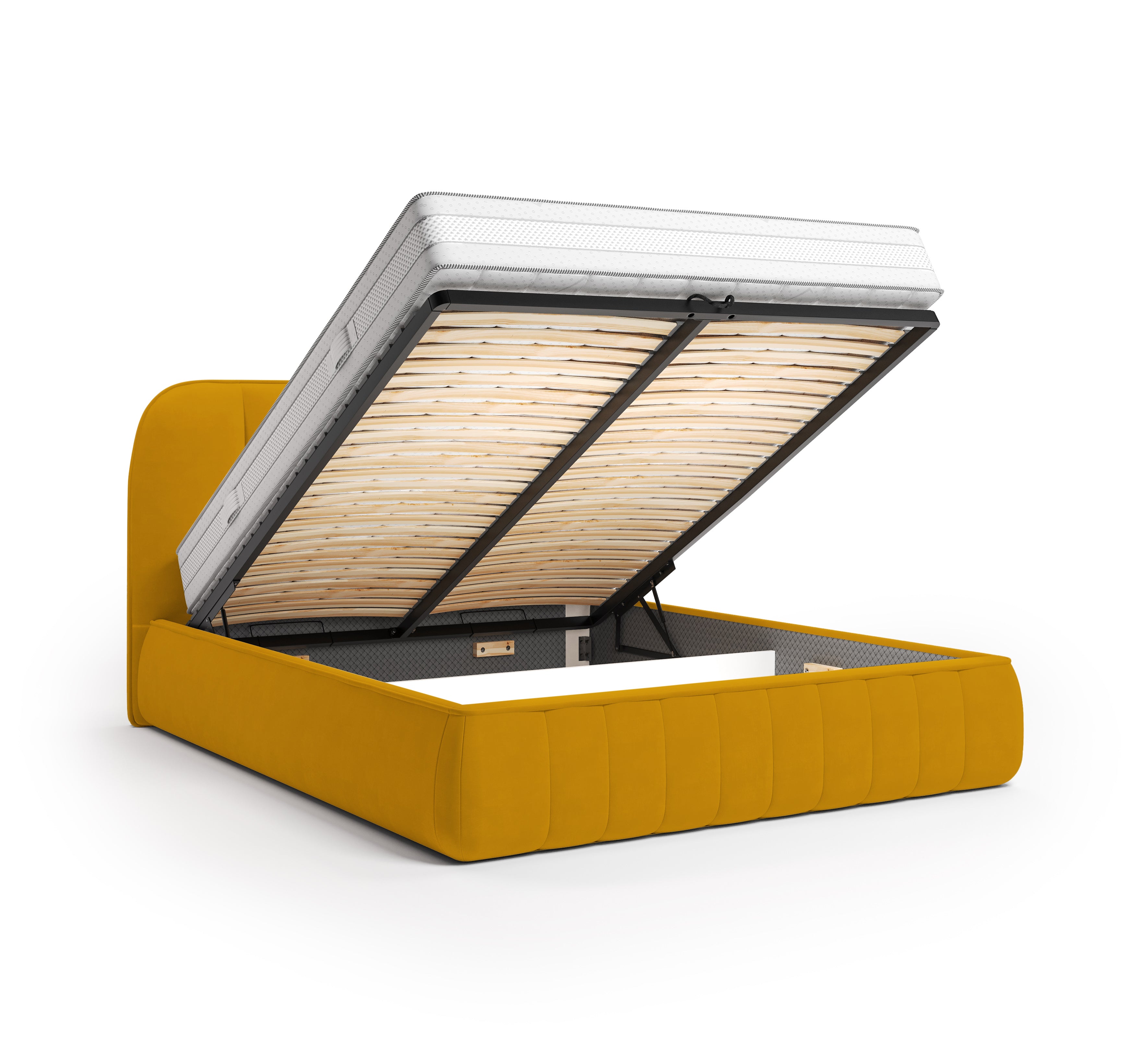 Lit coffre Timbaud 160x200 en tissu velours lisse jaune Paname Avenue, coffre de rangement ouvert sur fond blanc
