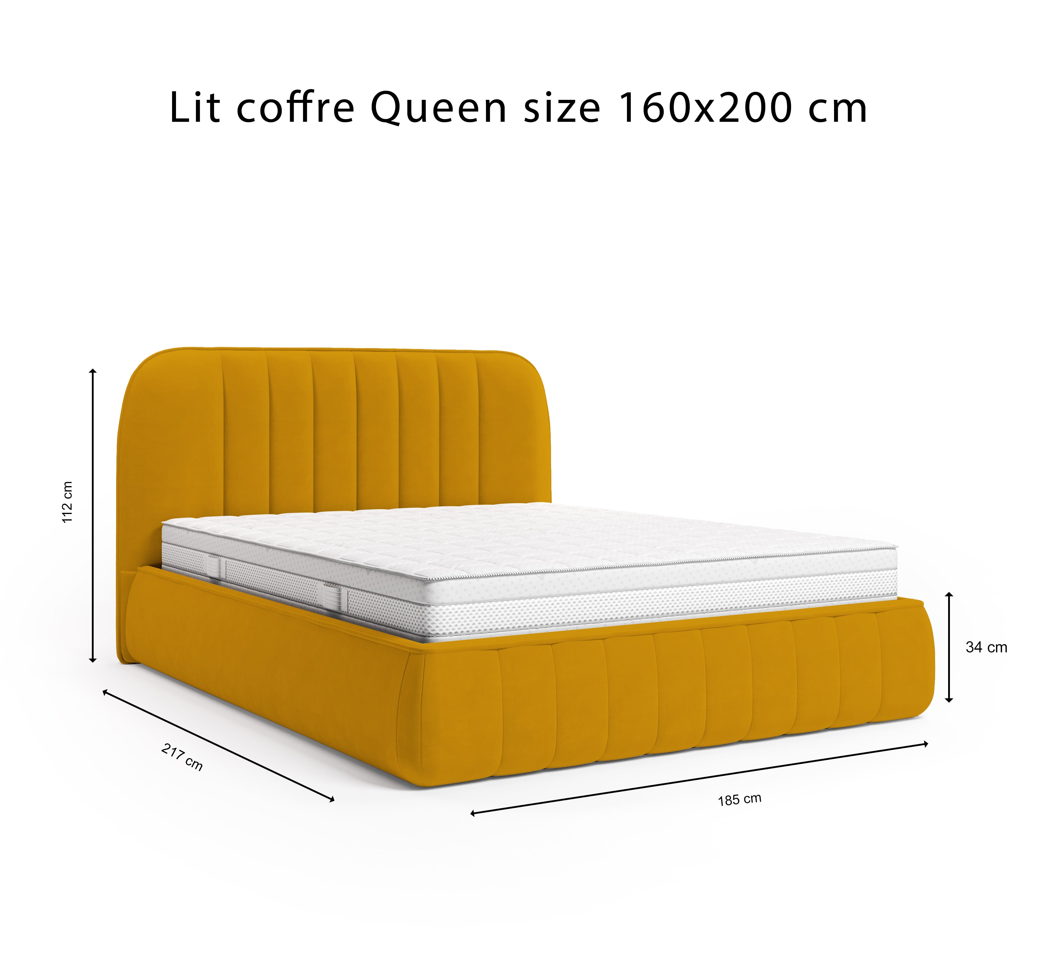 Lit coffre Timbaud 160x200 en tissu velours lisse jaune Paname Avenue, schéma des dimensions du lit