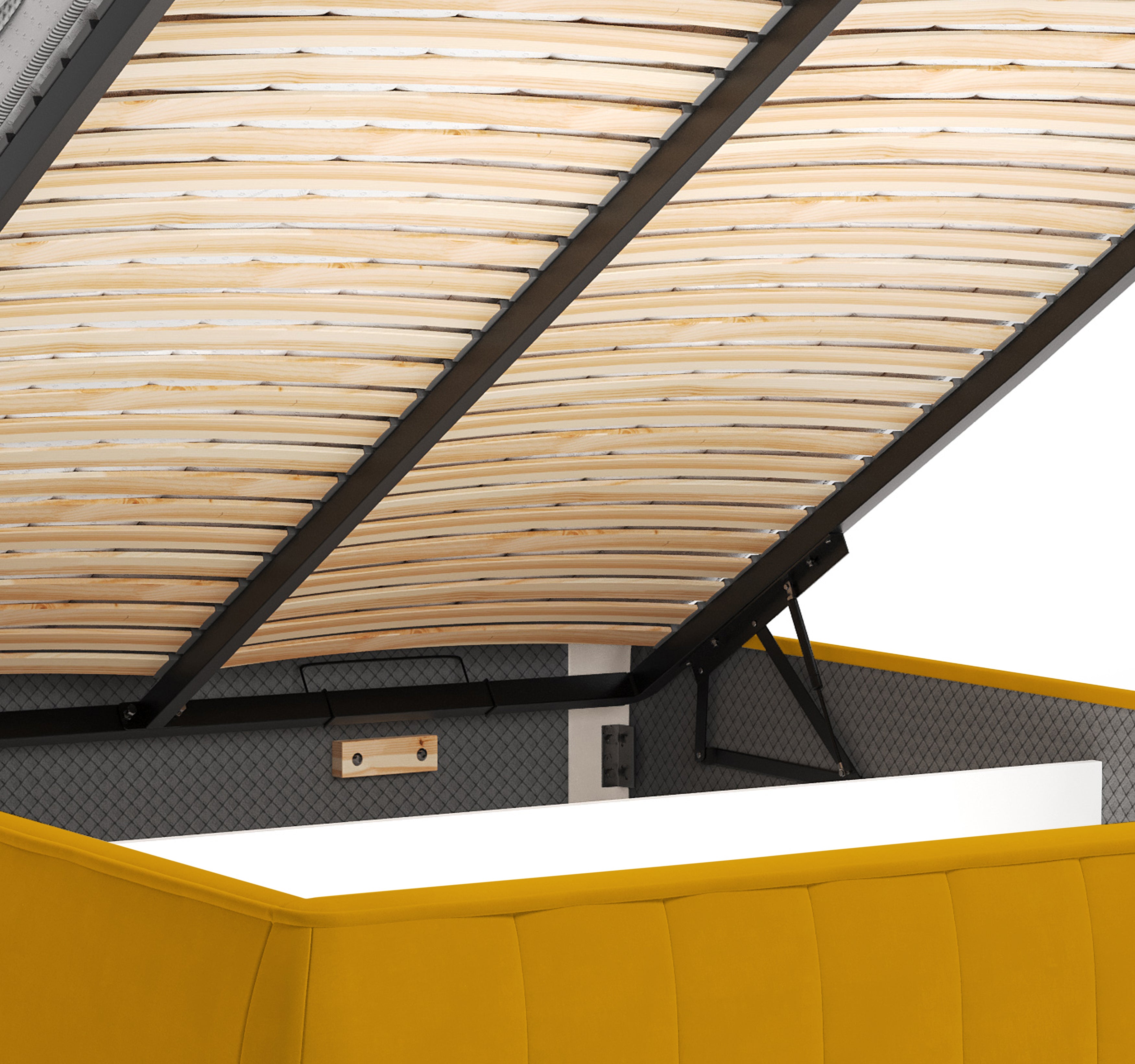 Lit coffre Timbaud 160x200 en tissu velours lisse jaune Paname Avenue, zoom sur le mécanisme de levage