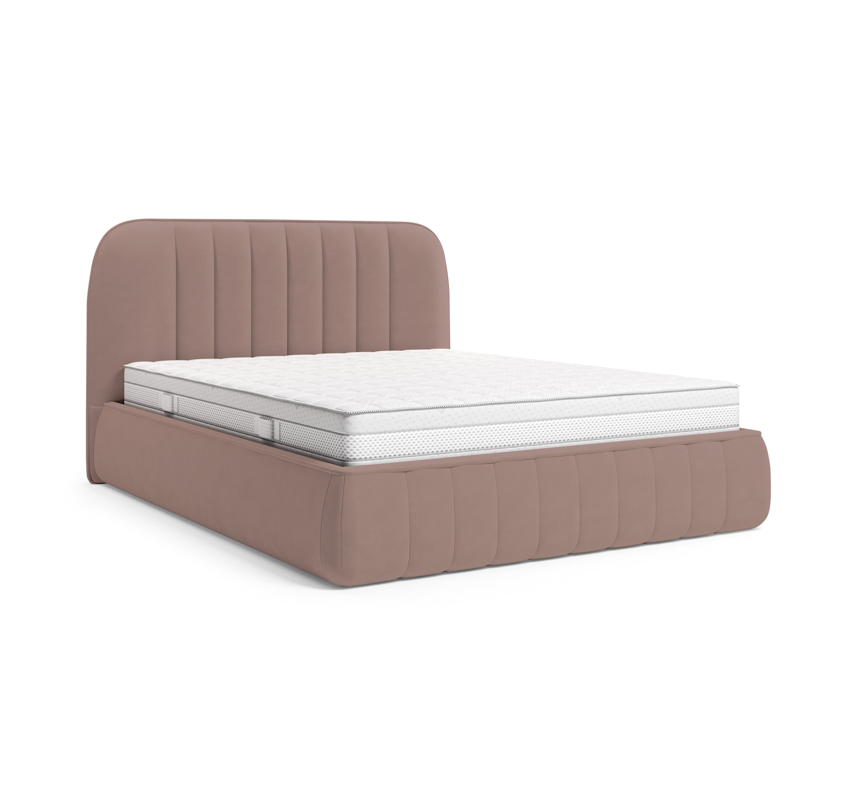 Lit coffre Timbaud 160x200 en tissu velours lisse rose Paname Avenue, vue trois-quarts sur fond blanc