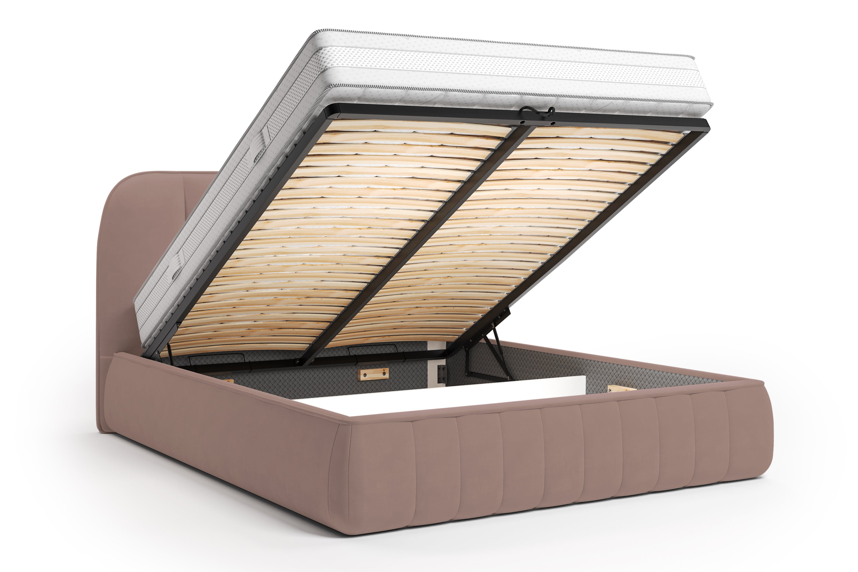 Lit coffre Timbaud 160x200 en tissu velours lisse rose Paname Avenue, coffre de rangement ouvert sur fond blanc