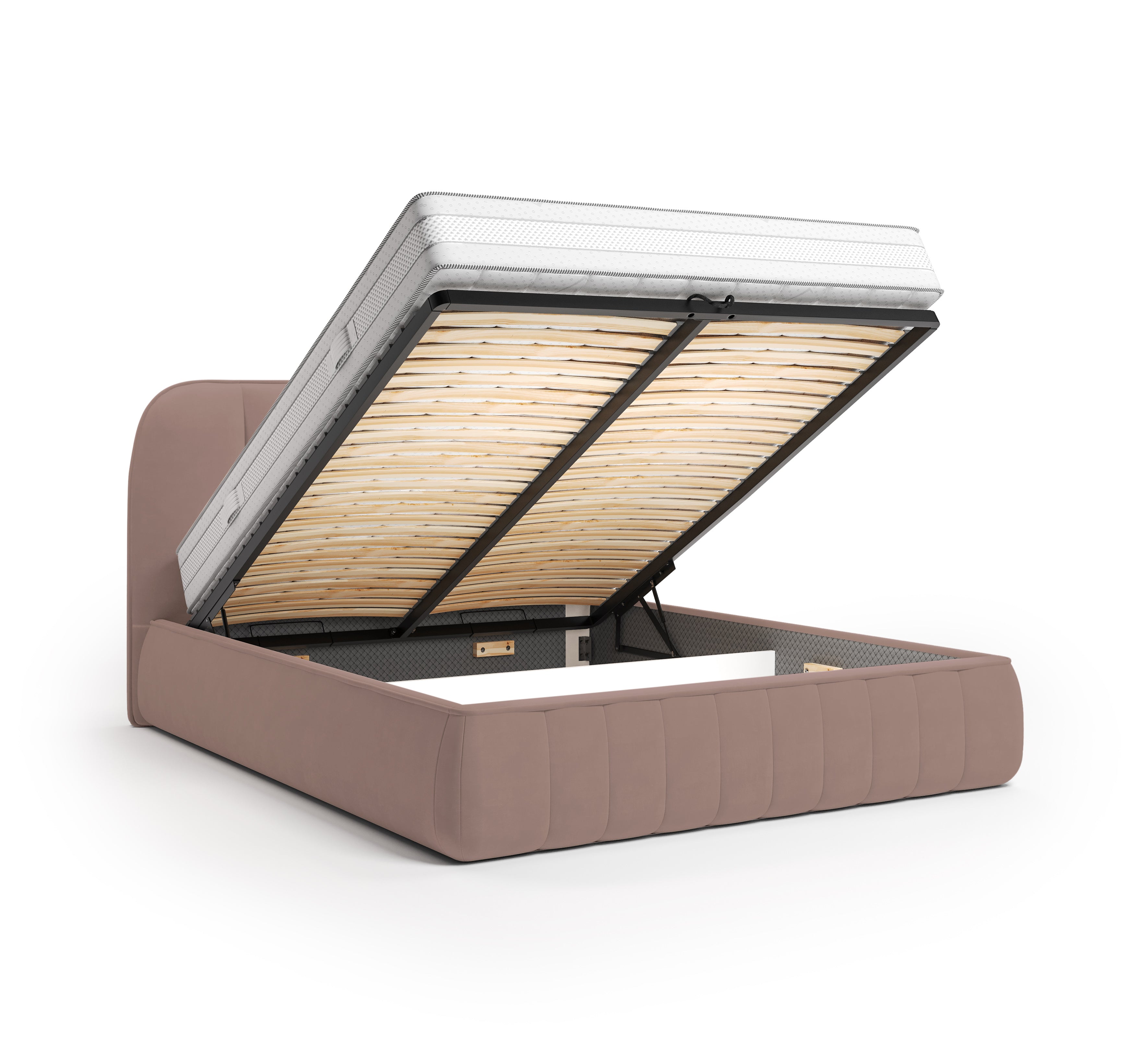 Lit coffre Timbaud 160x200 en tissu velours lisse rose Paname Avenue, coffre de rangement ouvert sur fond blanc