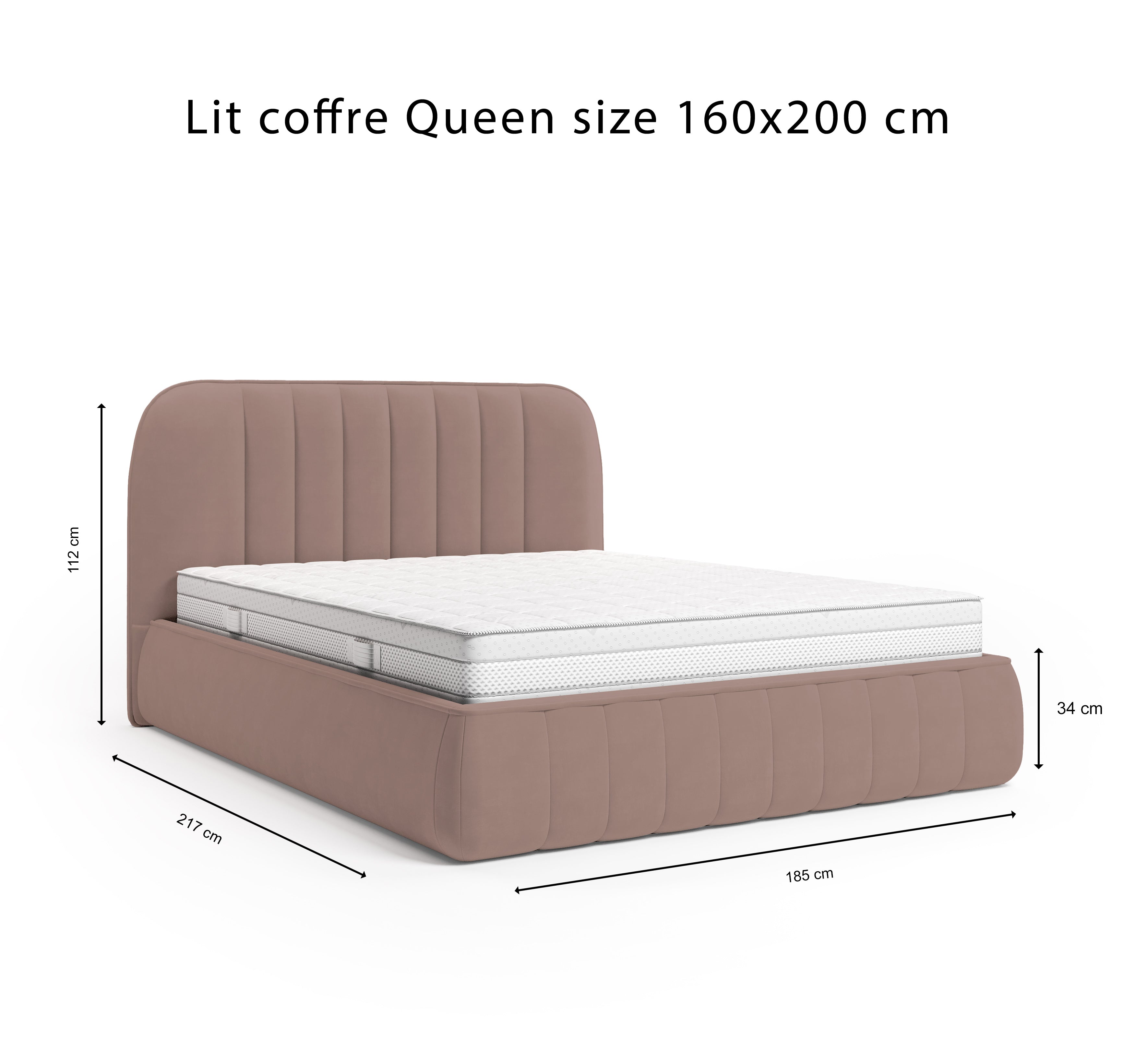 Lit coffre Timbaud 160x200 en tissu velours lisse rose Paname Avenue, schéma des dimensions du lit