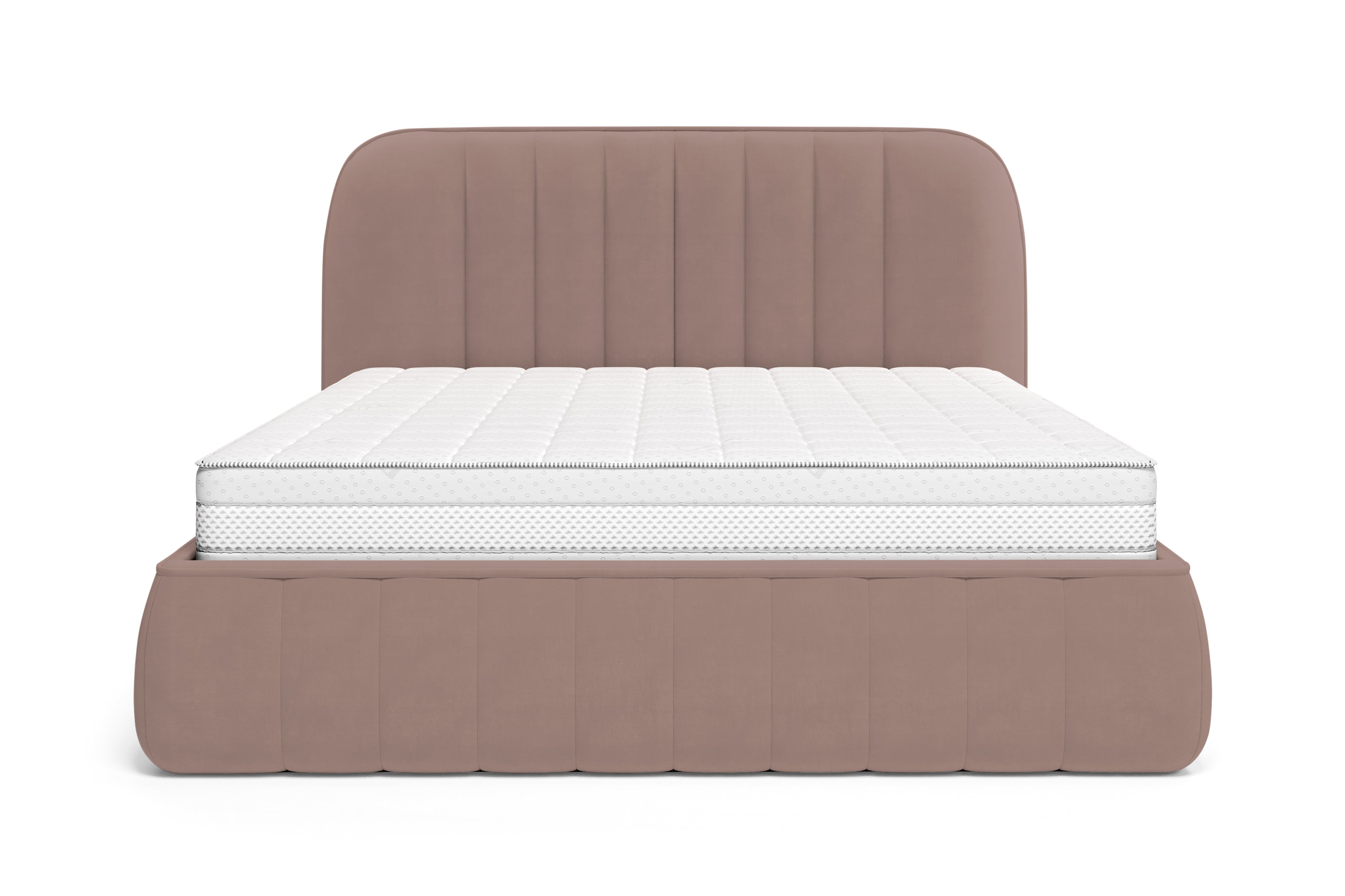 Lit coffre Timbaud 160x200 en tissu velours lisse rose Paname Avenue, vue de face sur fond blanc