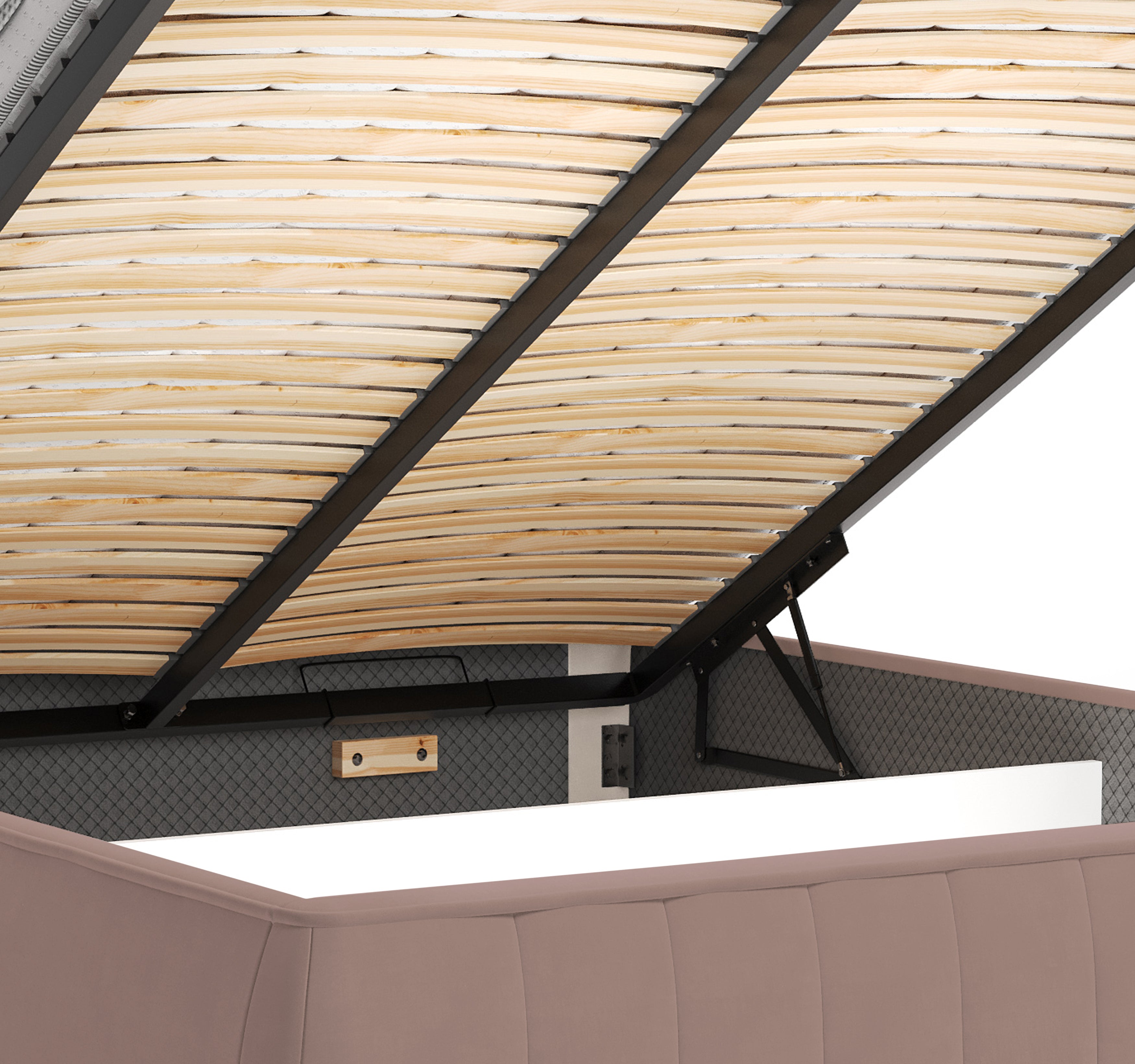 Lit coffre Timbaud 160x200 en tissu velours lisse rose Paname Avenue, zoom sur le mécanisme de levage