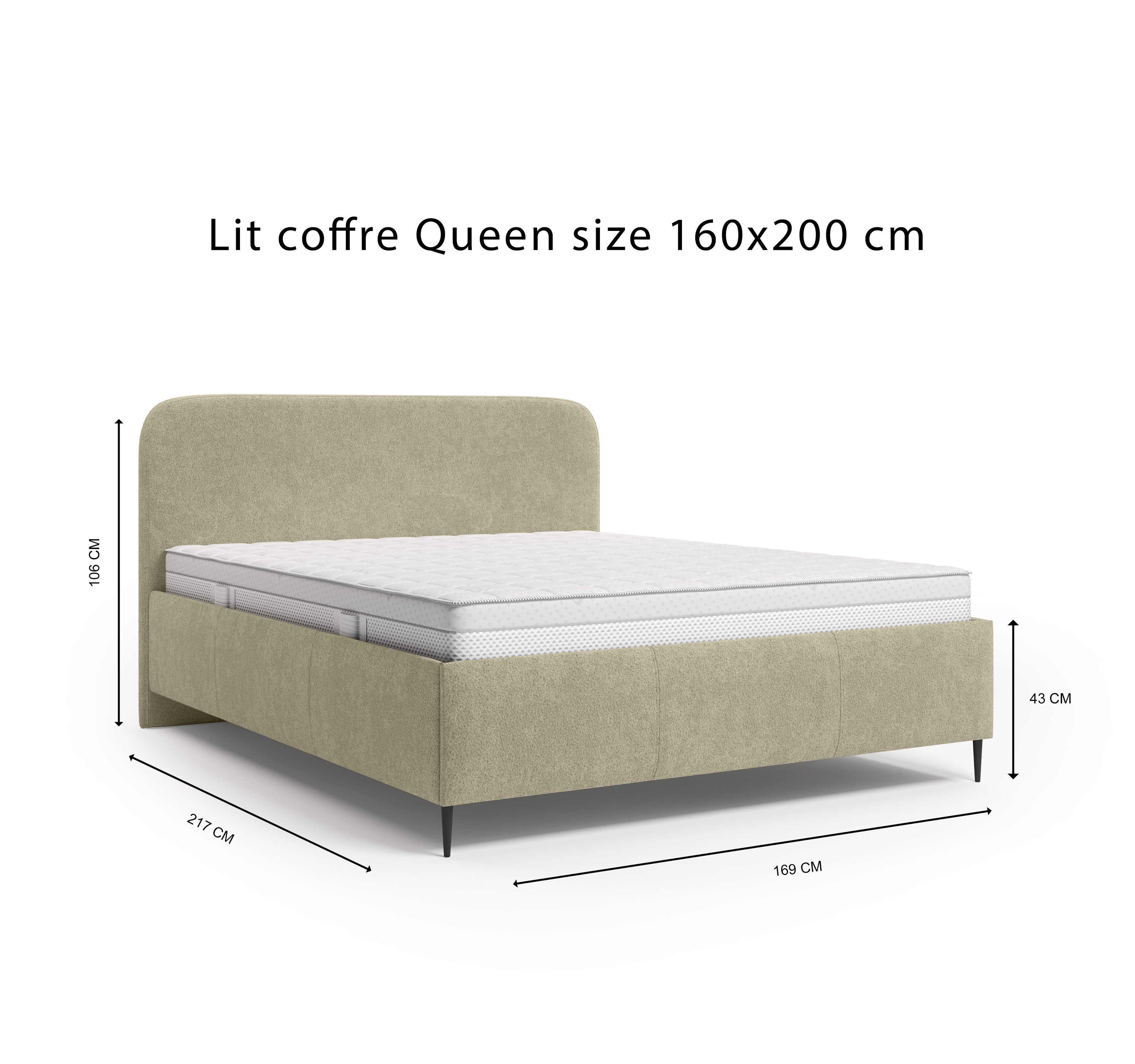 Lit coffre Yves Toudic 160x200 en tissu bouclette beige Paname Avenue, schéma des dimensions du lit