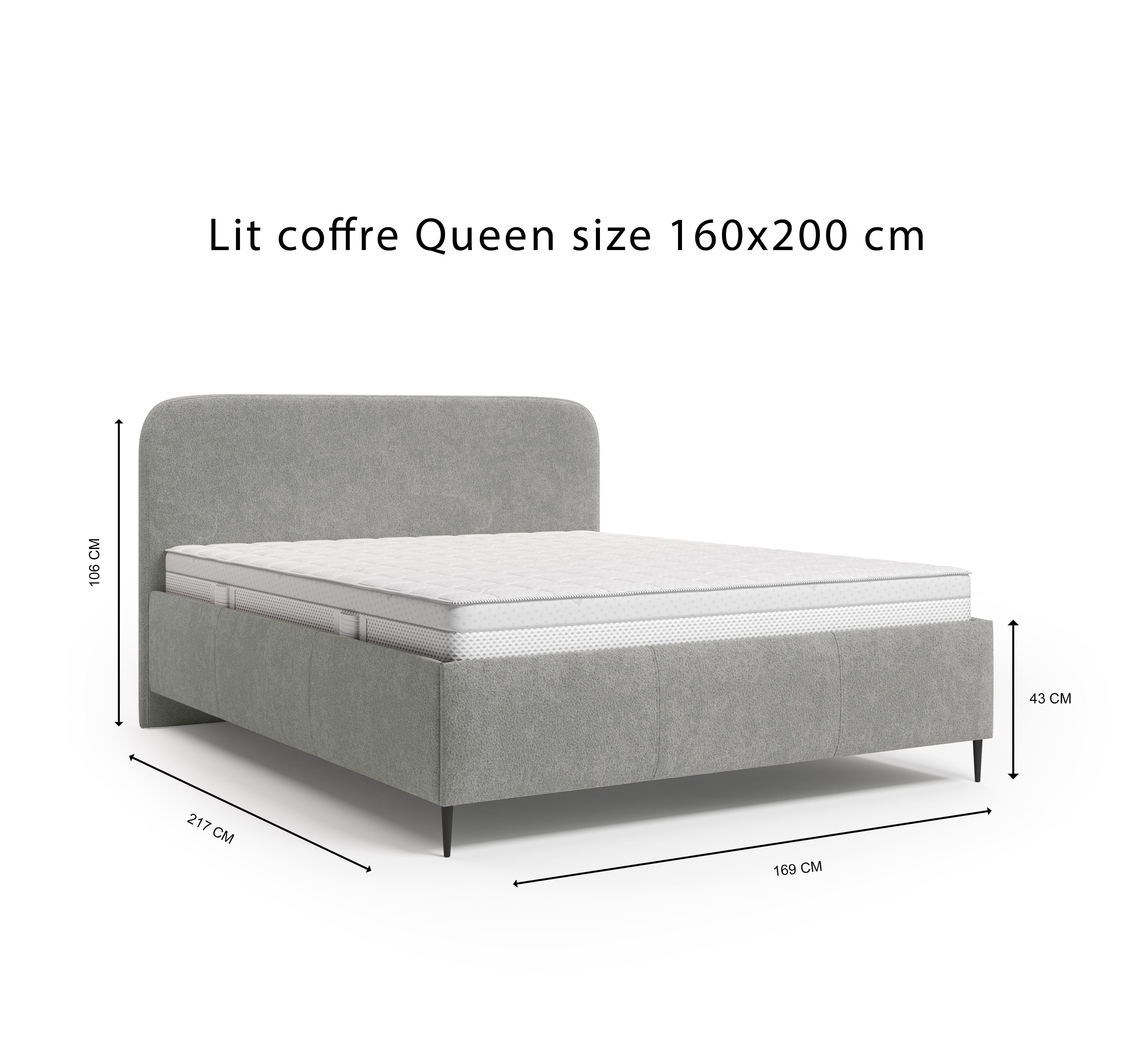 Lit coffre Yves Toudic 160x200 en tissu bouclette gris Paname Avenue, schéma des dimensions du lit