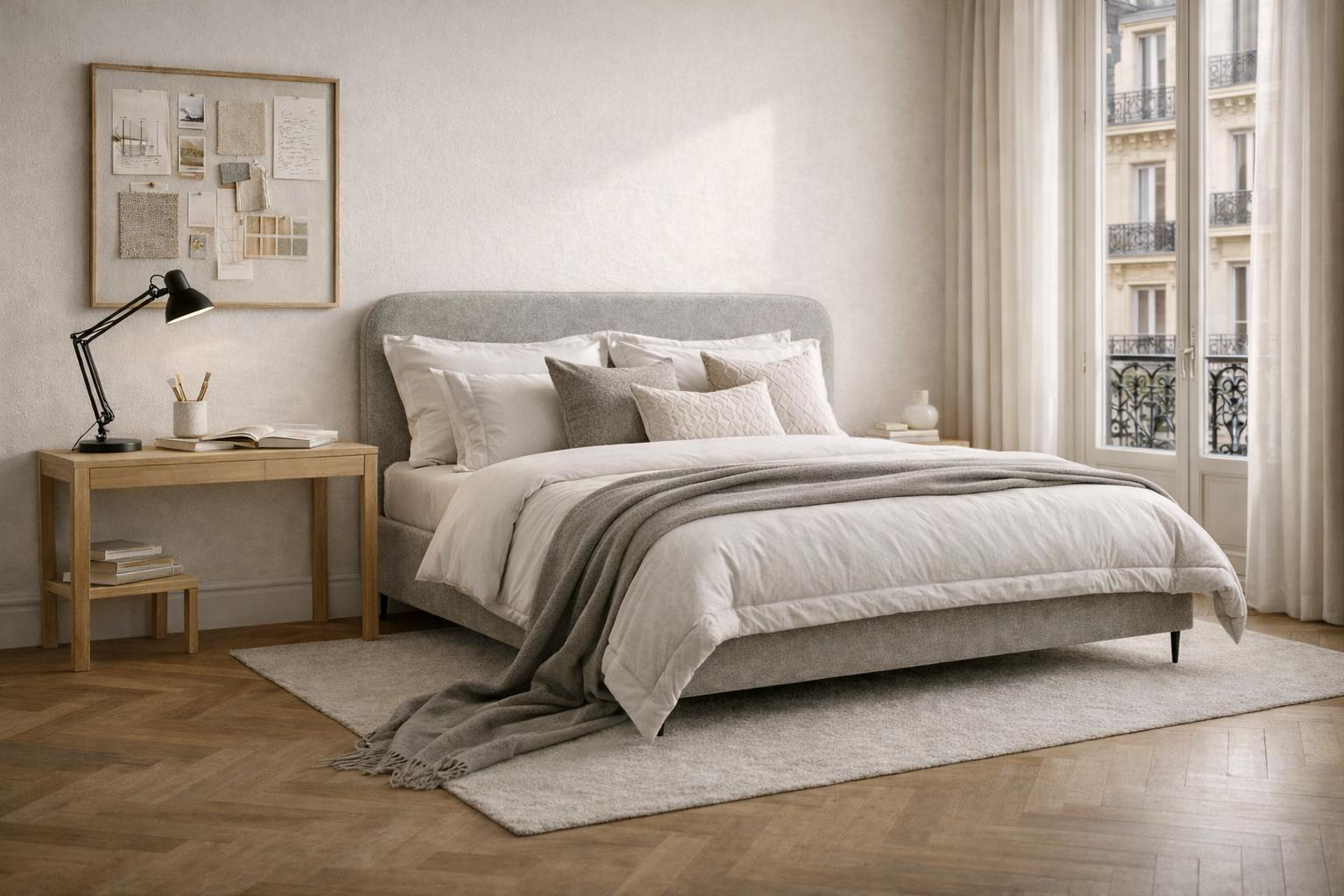 Lit coffre 160x200 Yves Toudic Paname Avenue en tissu bouclette gris dans une chambre lumineuse au style parisien avec parquet, linge de lit clair et ambiance douce et apaisante