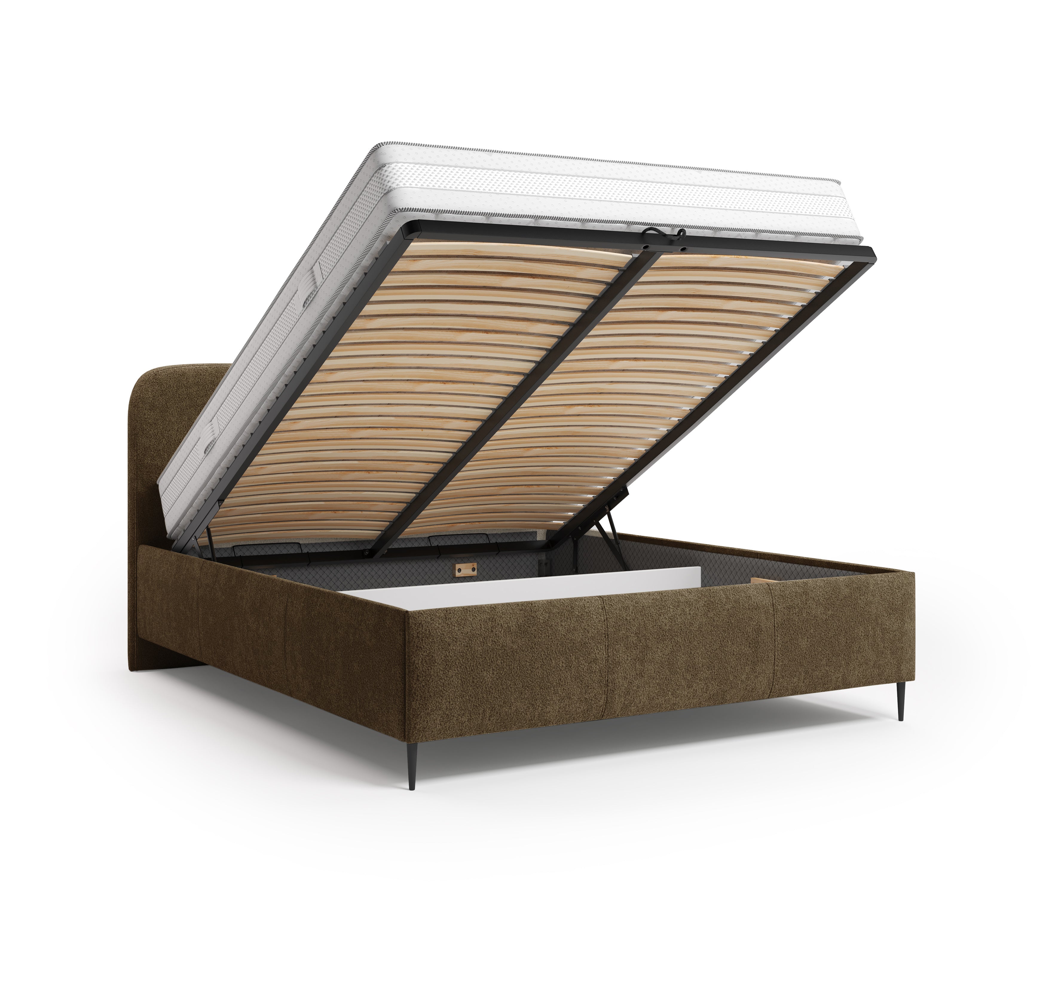 Lit coffre Yves Toudic 160x200 en tissu bouclette marron Paname Avenue, coffre de rangement ouvert sur fond blanc