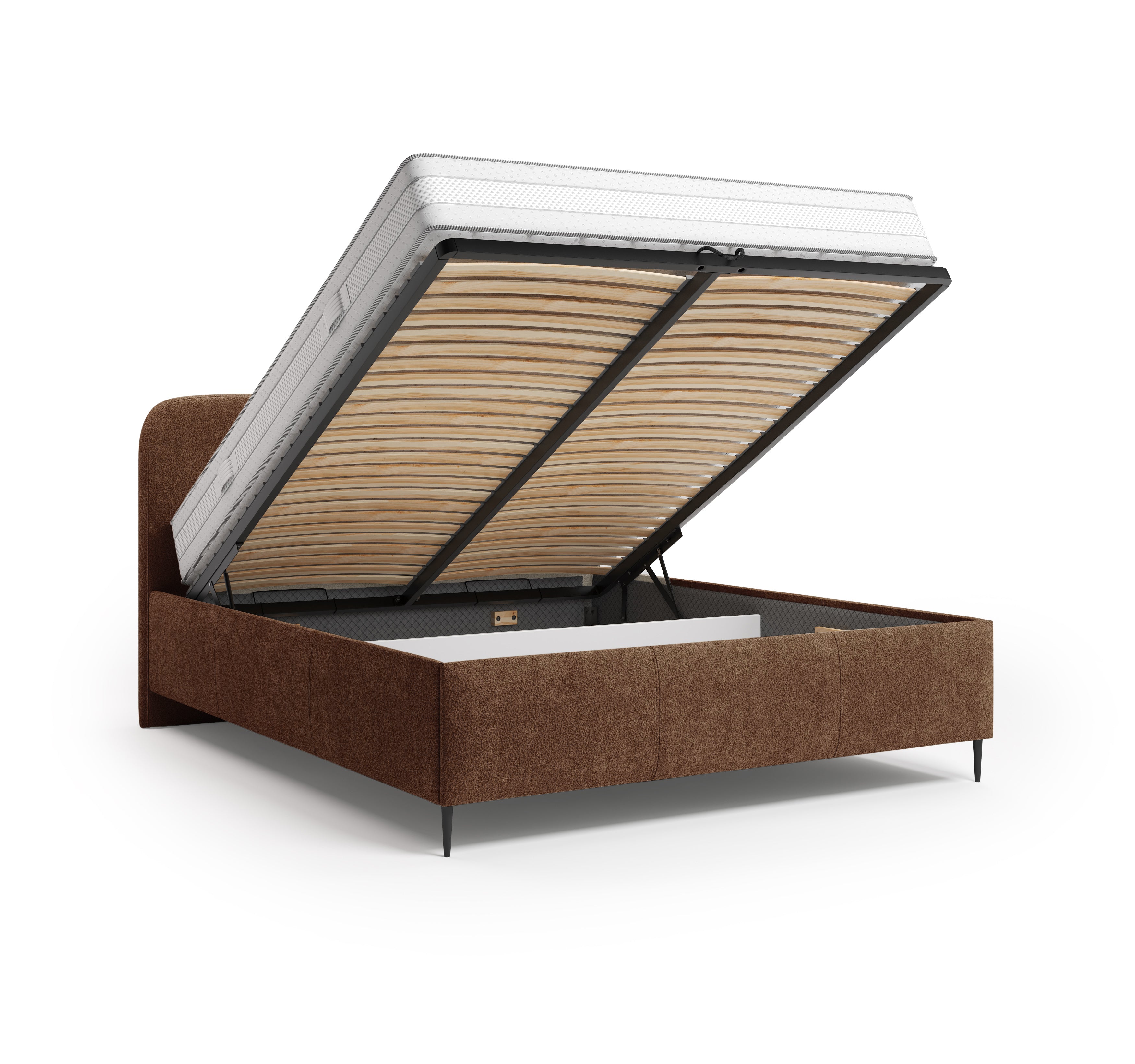 Lit coffre Yves Toudic 160x200 en tissu bouclette terracotta Paname Avenue, coffre de rangement ouvert sur fond blanc