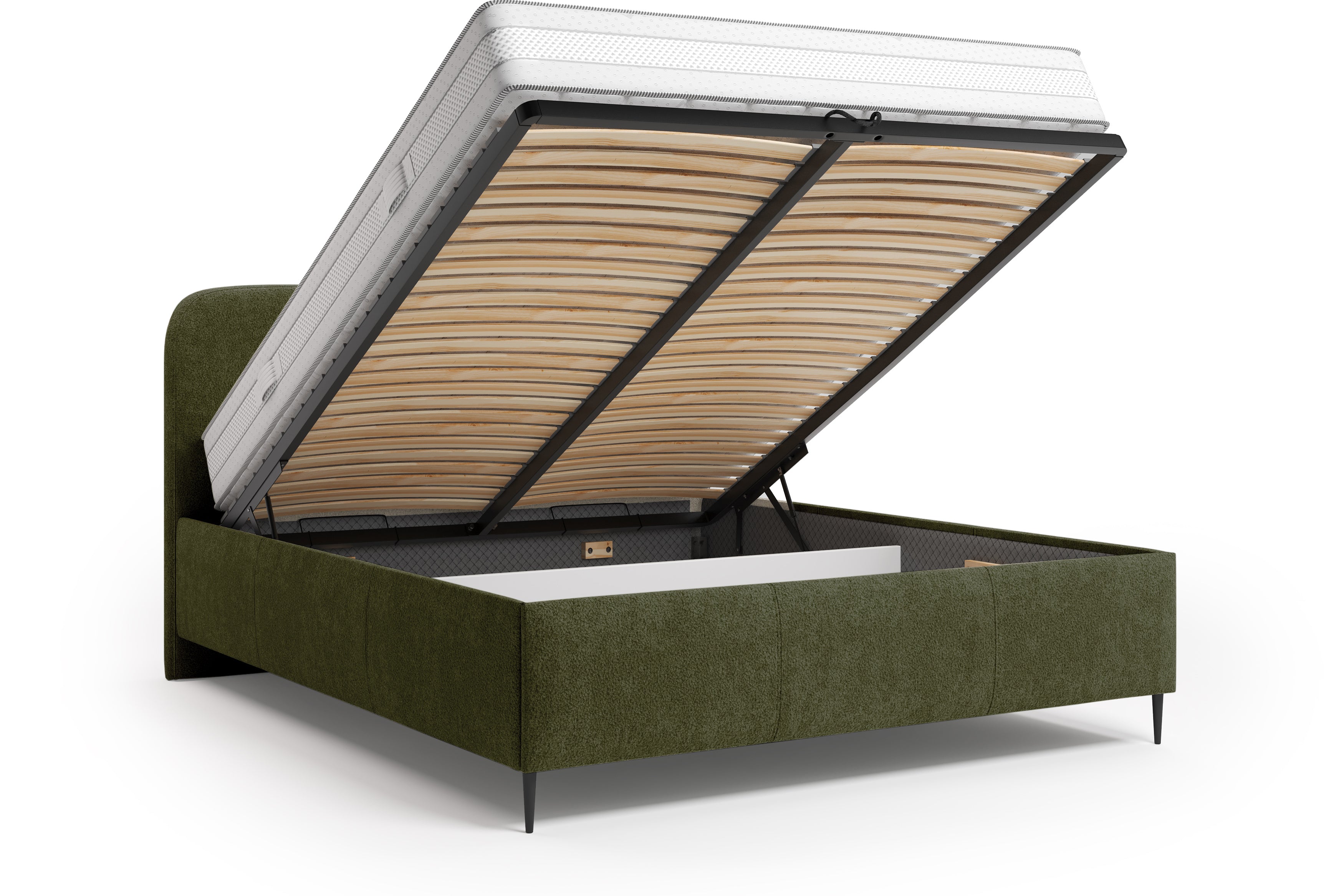 Lit coffre Yves Toudic 160x200 en tissu bouclette vert Paname Avenue, coffre de rangement ouvert sur fond blanc