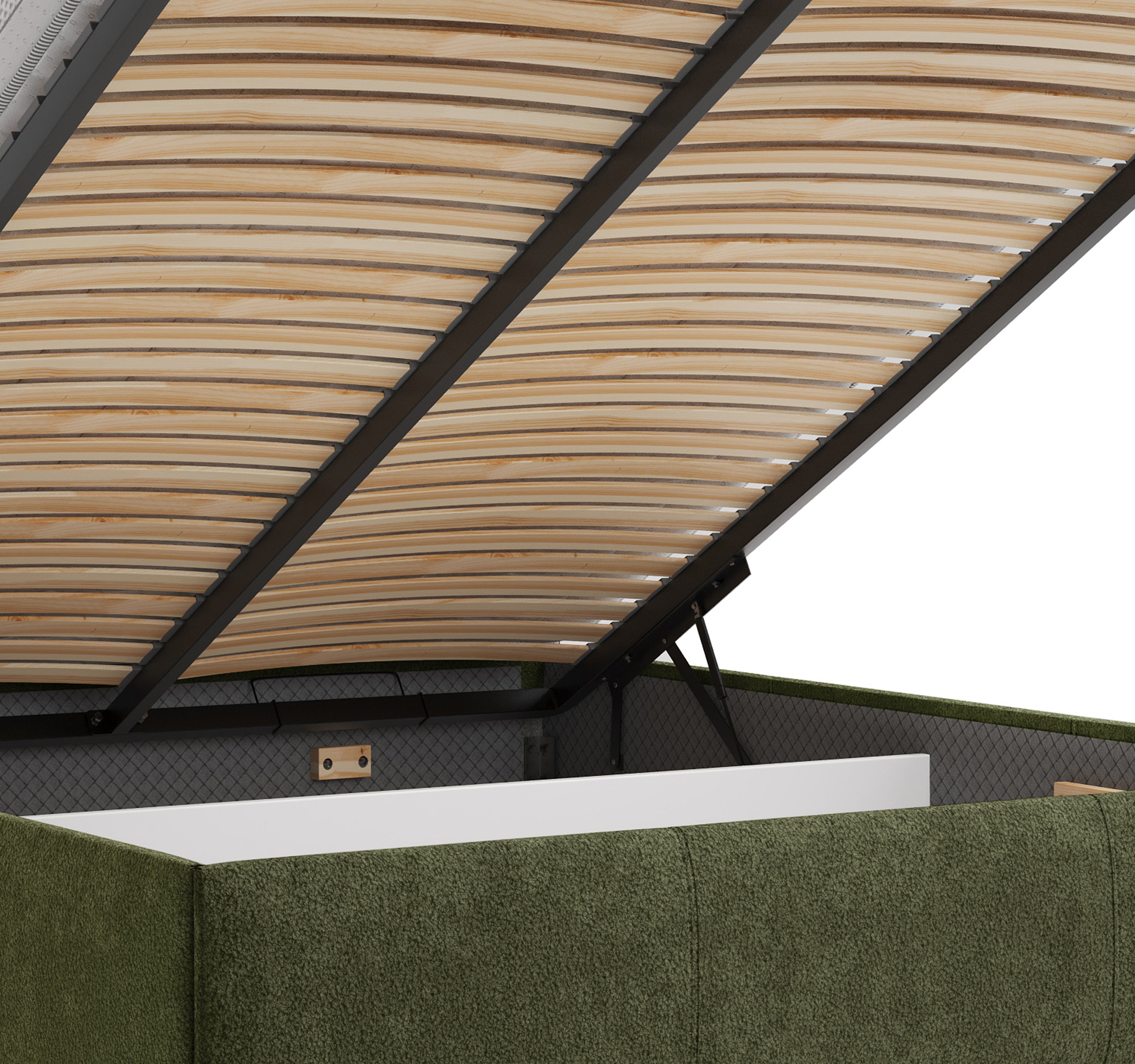 Lit coffre Yves Toudic 160x200 en tissu bouclette vert Paname Avenue, zoom sur le mécanisme de levage