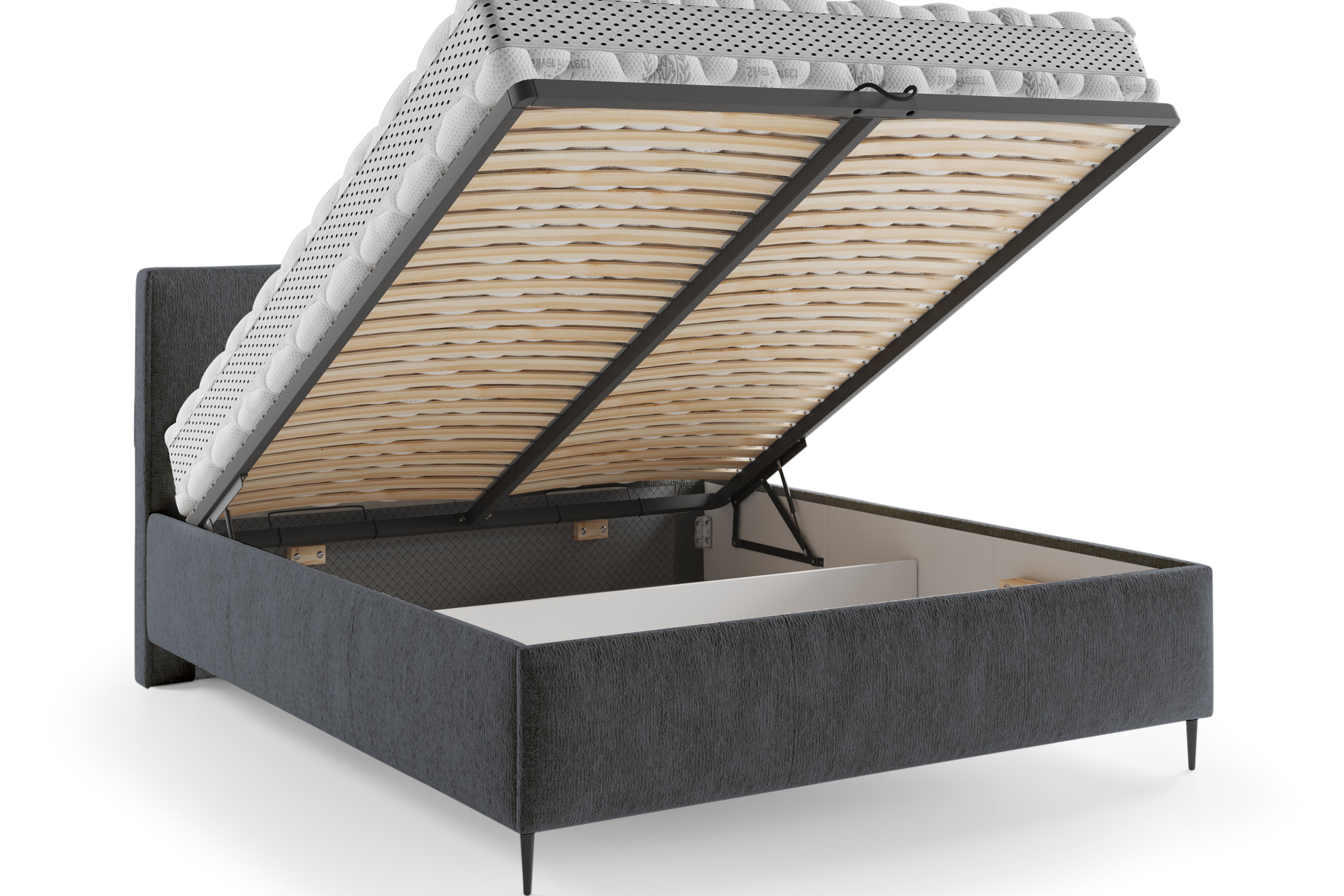 Lit coffre Yvonne le Tac 160x200 en tissu chenille anthracite Paname Avenue, coffre de rangement ouvert sur fond blanc