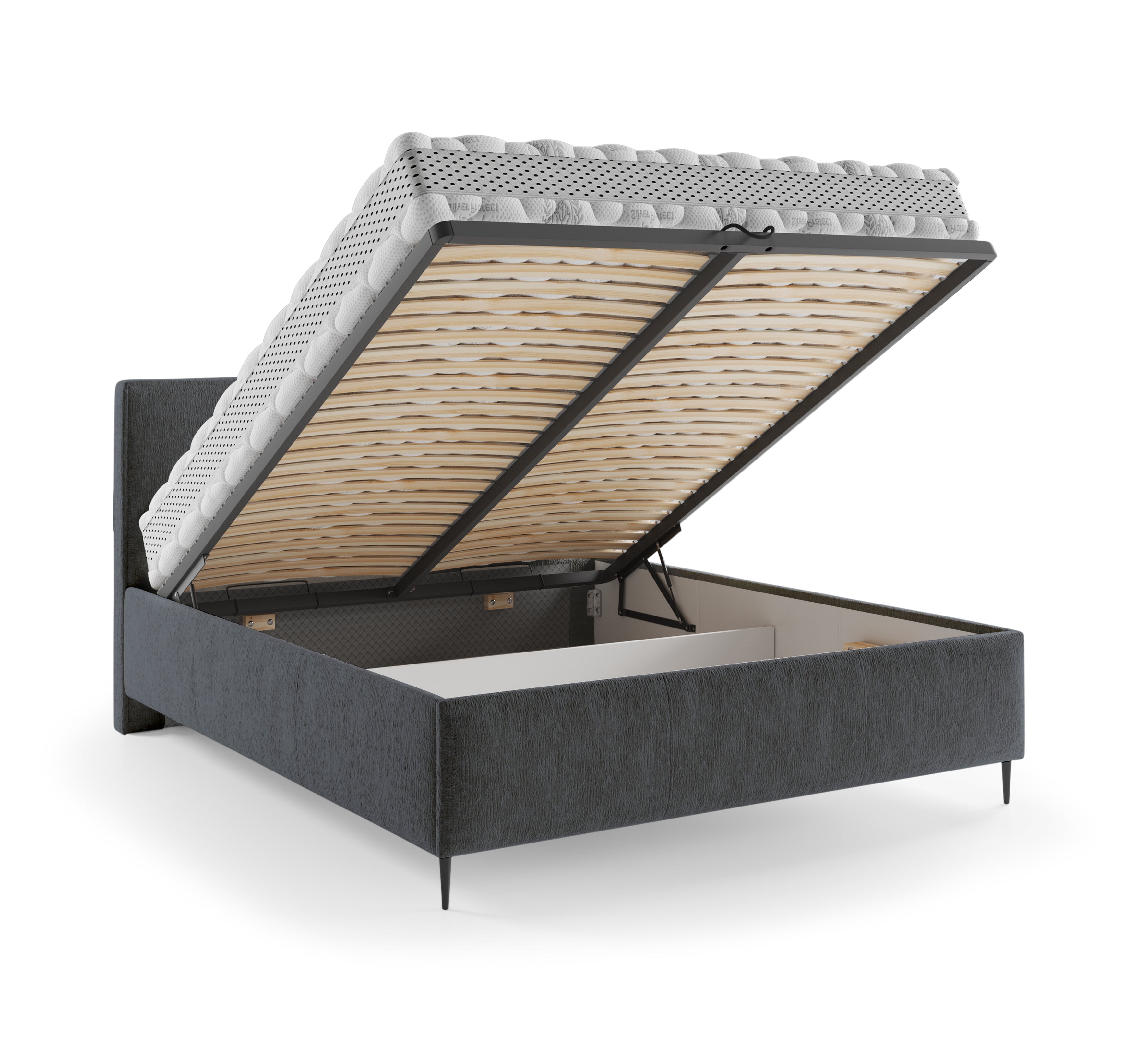 Lit coffre Yvonne le Tac 160x200 en tissu chenille anthracite Paname Avenue, coffre de rangement ouvert sur fond blanc