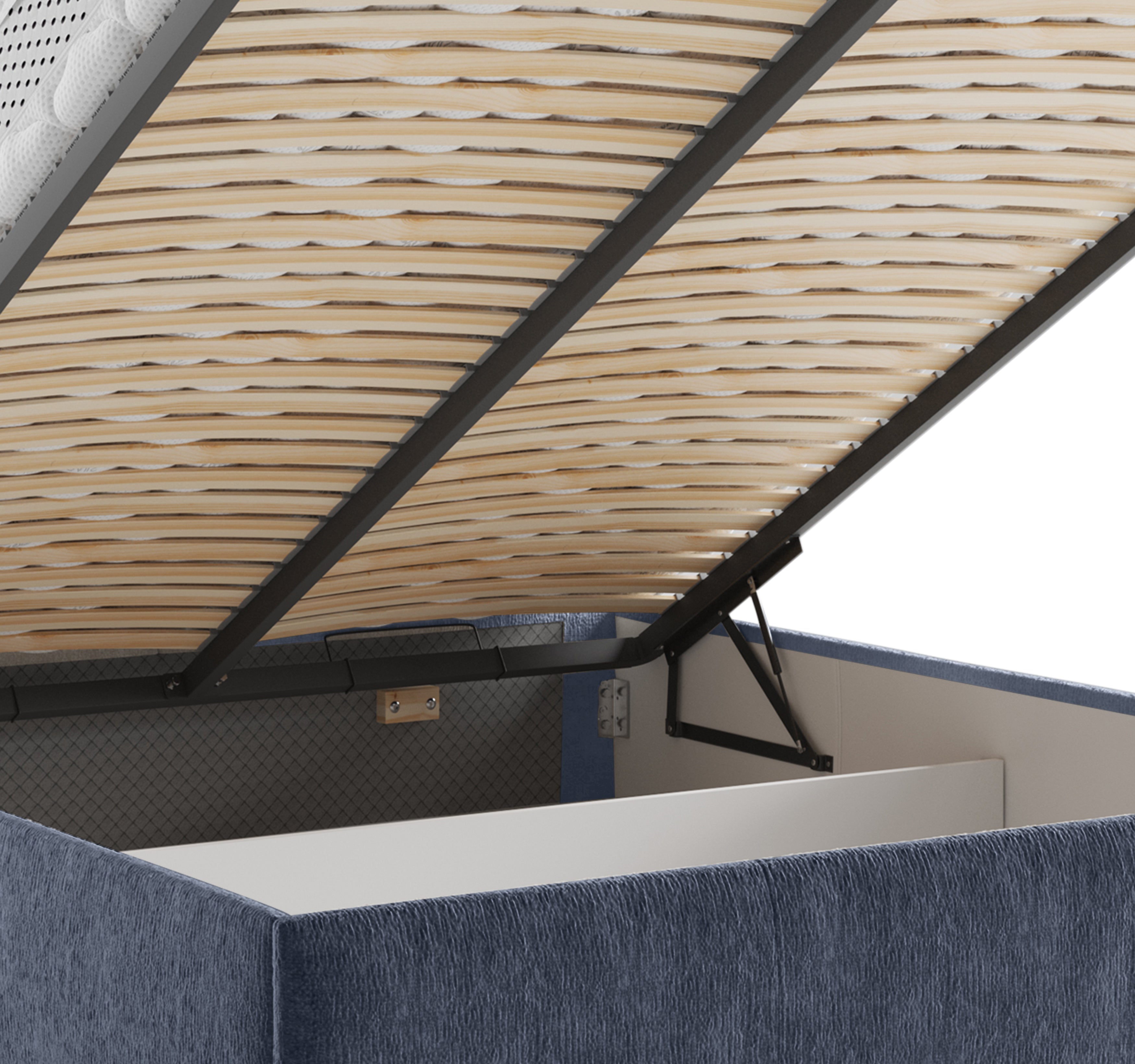 Lit coffre Yvonne le Tac 160x200 en tissu chenille bleu Paname Avenue, zoom sur le mécanisme de levage
