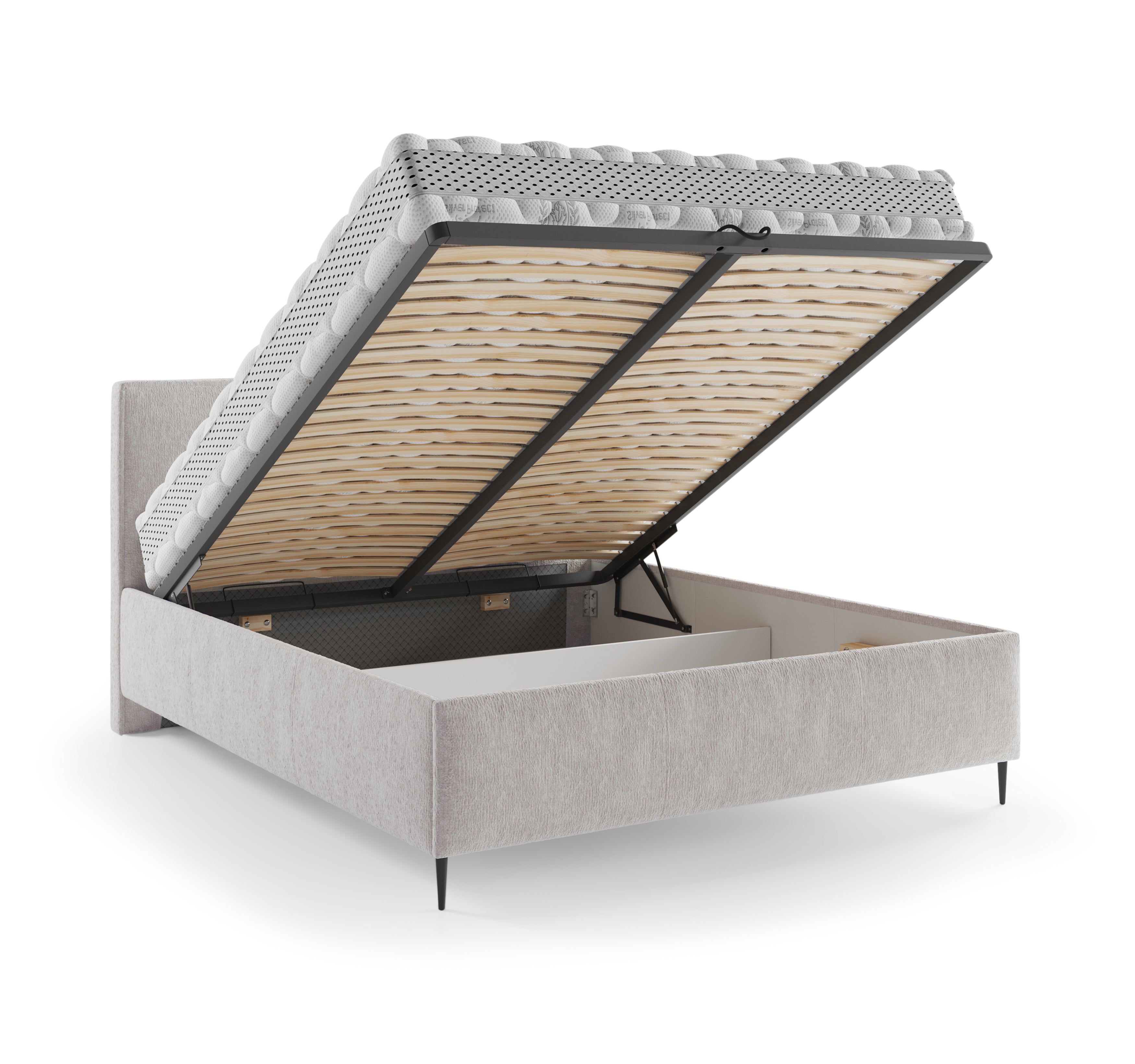 Lit coffre Yvonne le Tac 160x200 en tissu chenille gris clair Paname Avenue, coffre de rangement ouvert sur fond blanc

