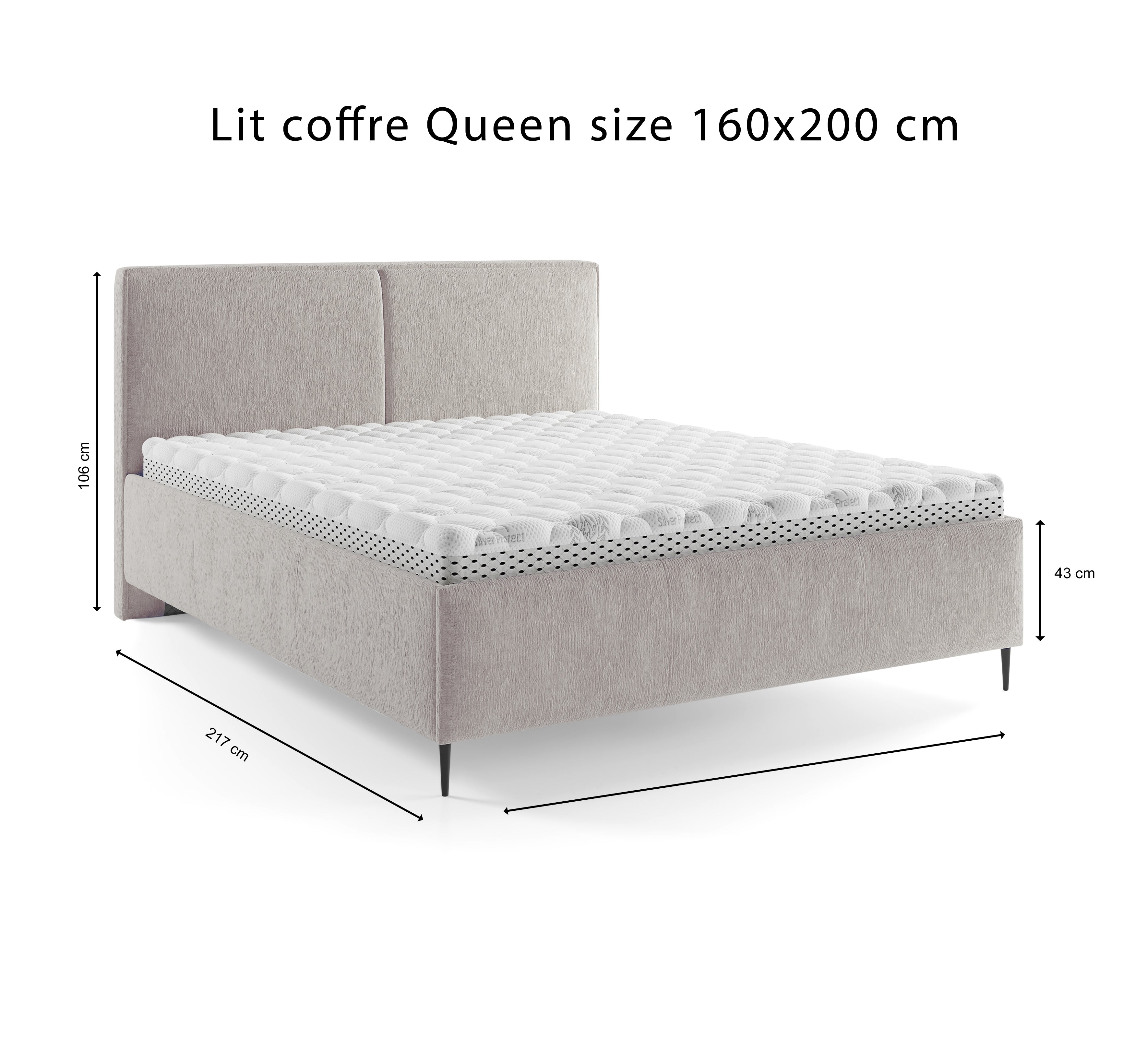 Lit coffre Yvonne le Tac 160x200 en tissu chenille gris clair Paname Avenue, schéma des dimensions du lit
