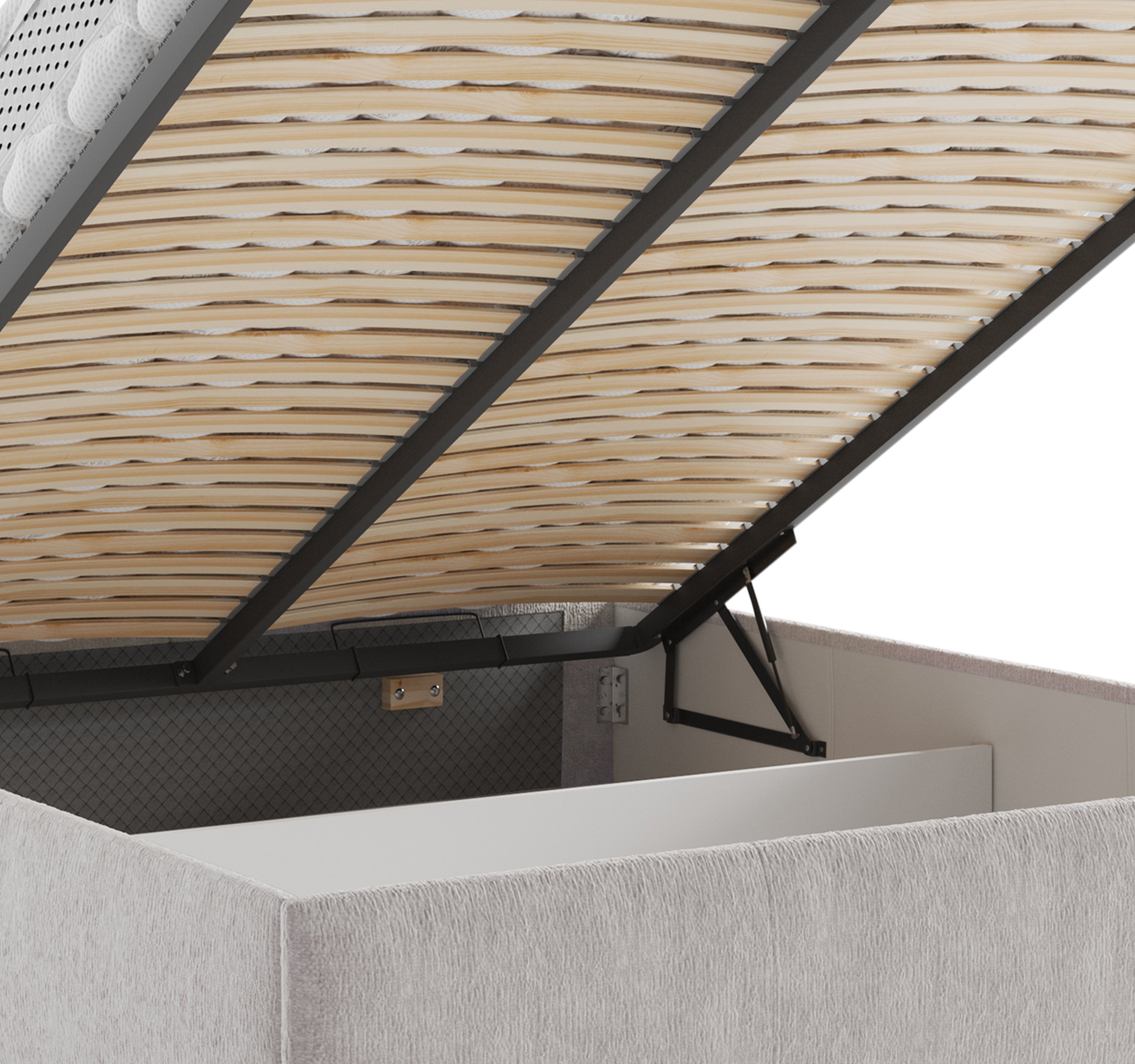 Lit coffre Yvonne le Tac 160x200 en tissu chenille gris clair Paname Avenue, zoom sur le mécanisme de levage
