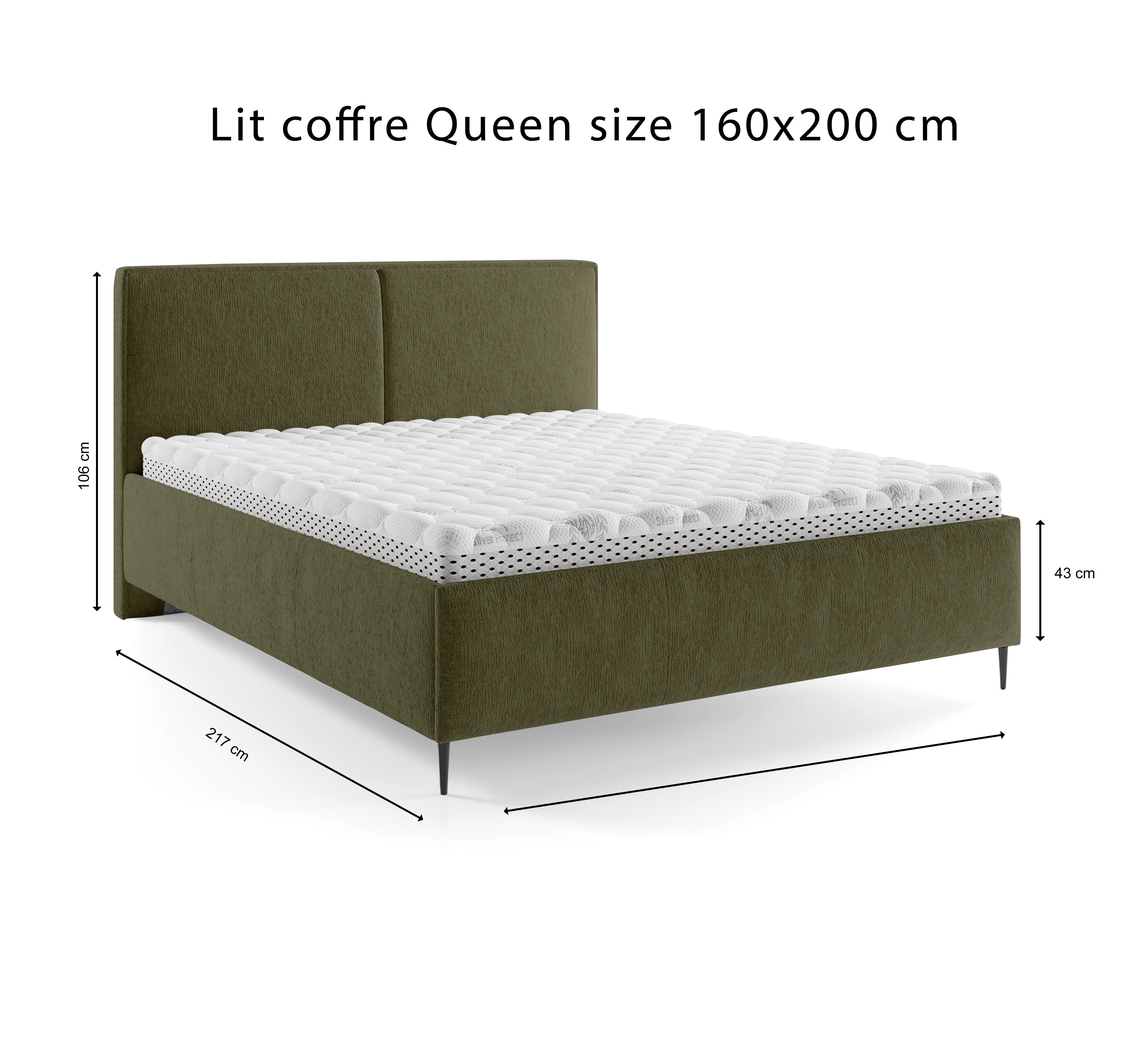 Lit coffre Yvonne le Tac 160x200 en tissu chenille vert olive Paname Avenue, schéma des dimensions du lit
