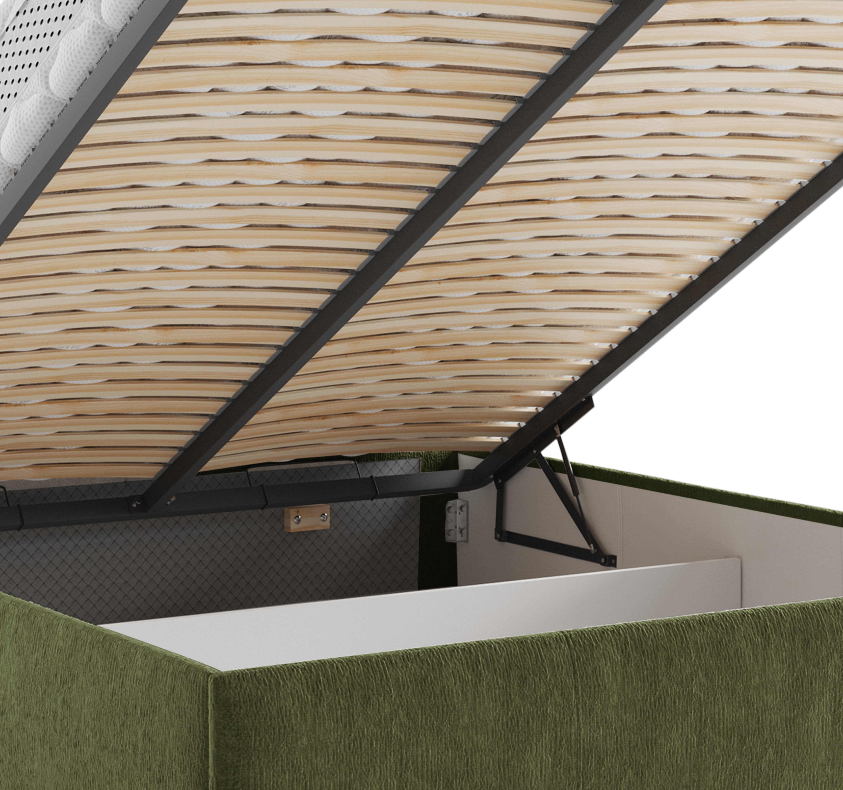Lit coffre Yvonne le Tac 160x200 en tissu chenille vert olive Paname Avenue, zoom sur le mécanisme de levage
