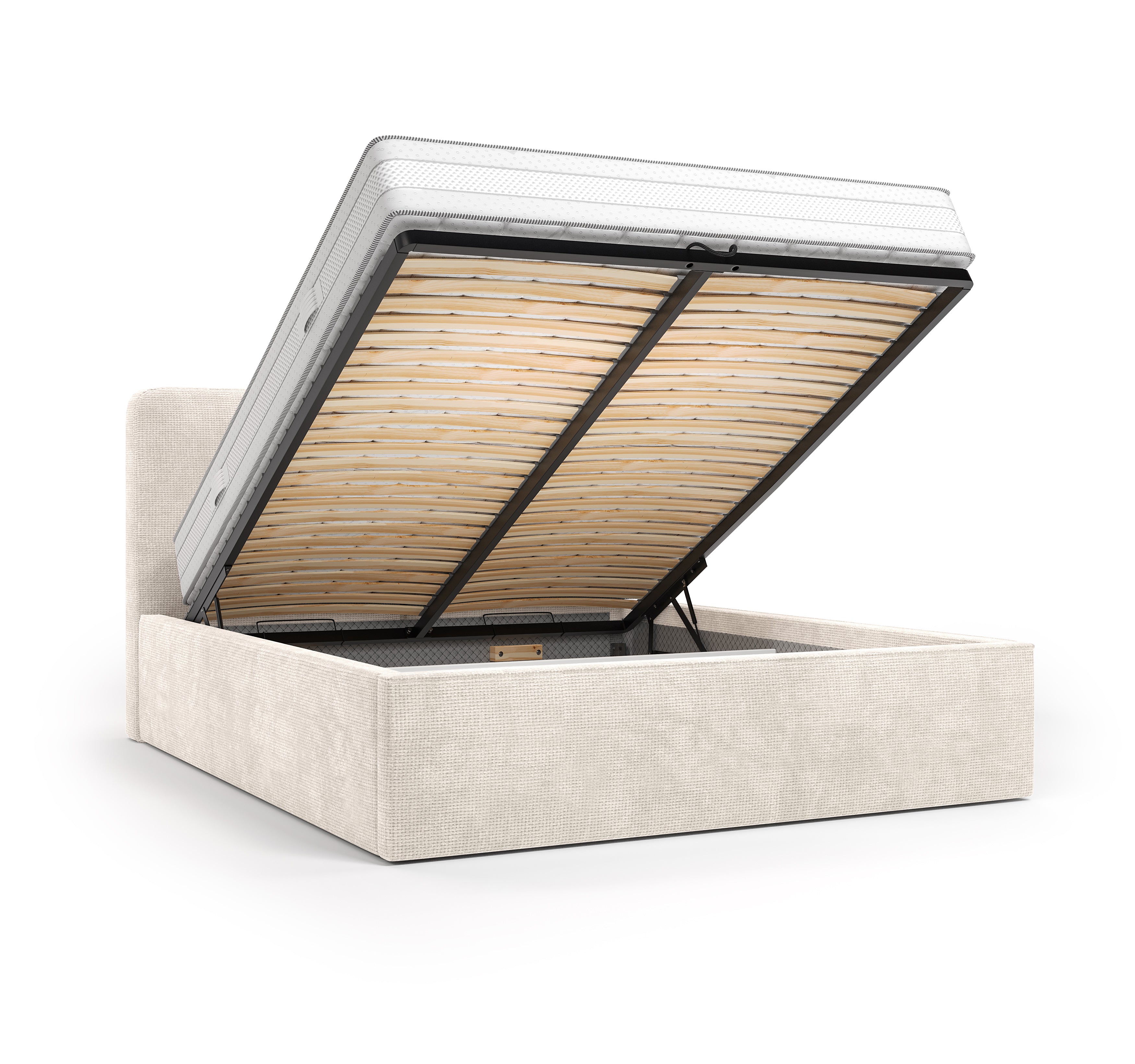 Lit coffre Arbre-Sec 180x200 en tissu chenille beige Paname Avenue, coffre de rangement ouvert sur fond blanc