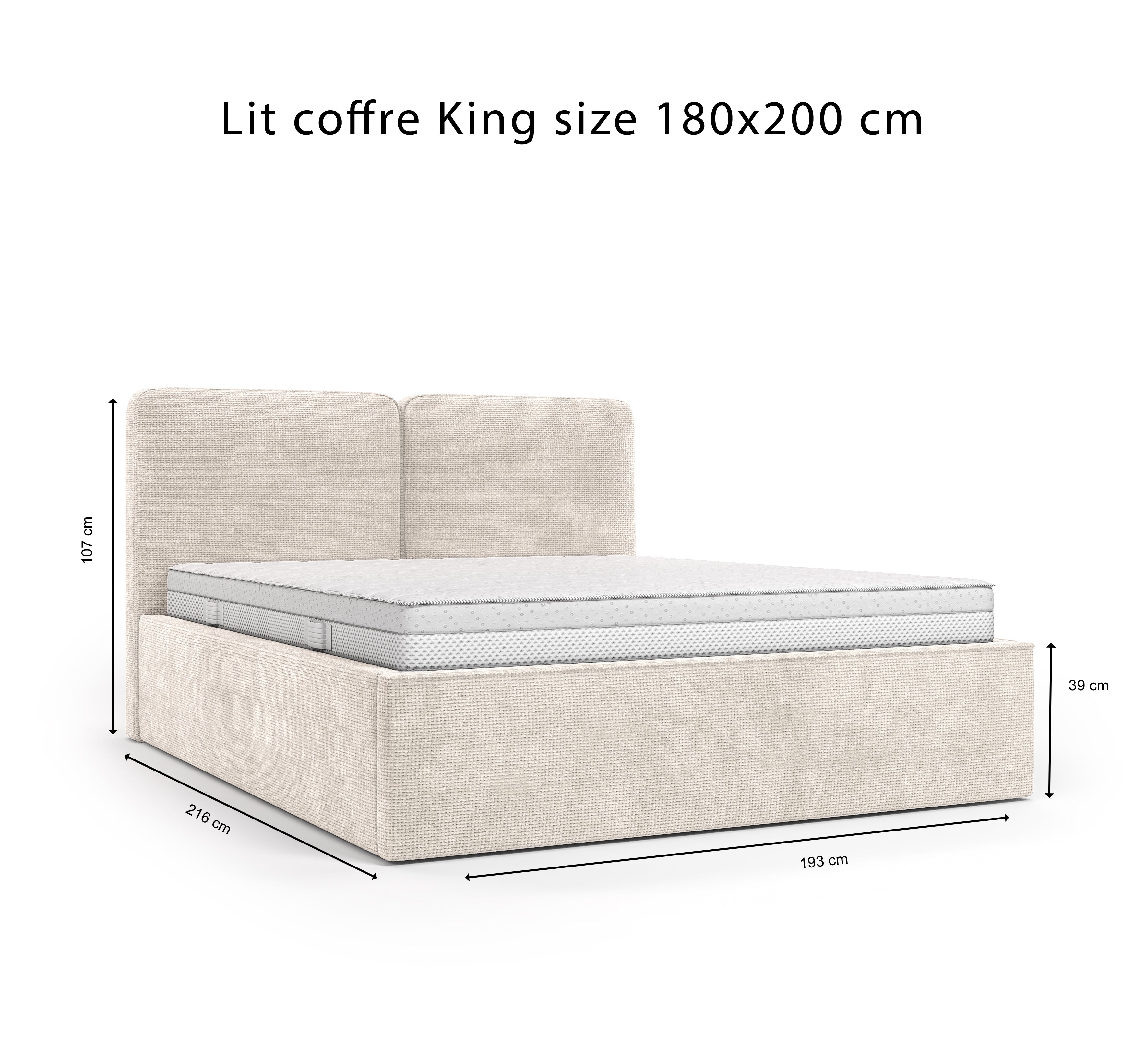 Lit coffre Arbre-Sec 180x200 en tissu chenille beige Paname Avenue, schéma des dimensions du lit