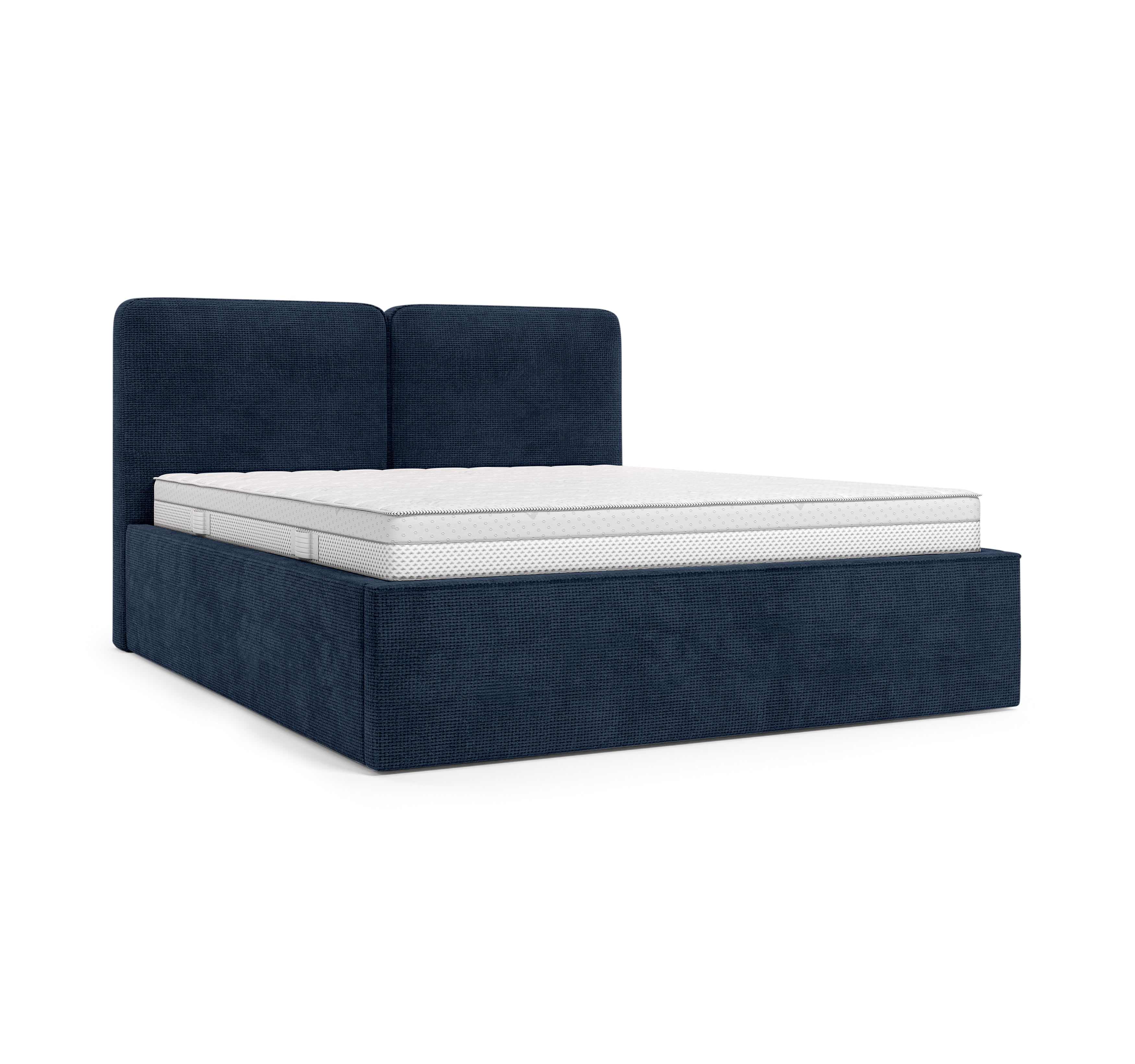 Lit coffre Arbre-Sec 180x200 en tissu chenille bleu Paname Avenue, vue trois-quarts sur fond blanc