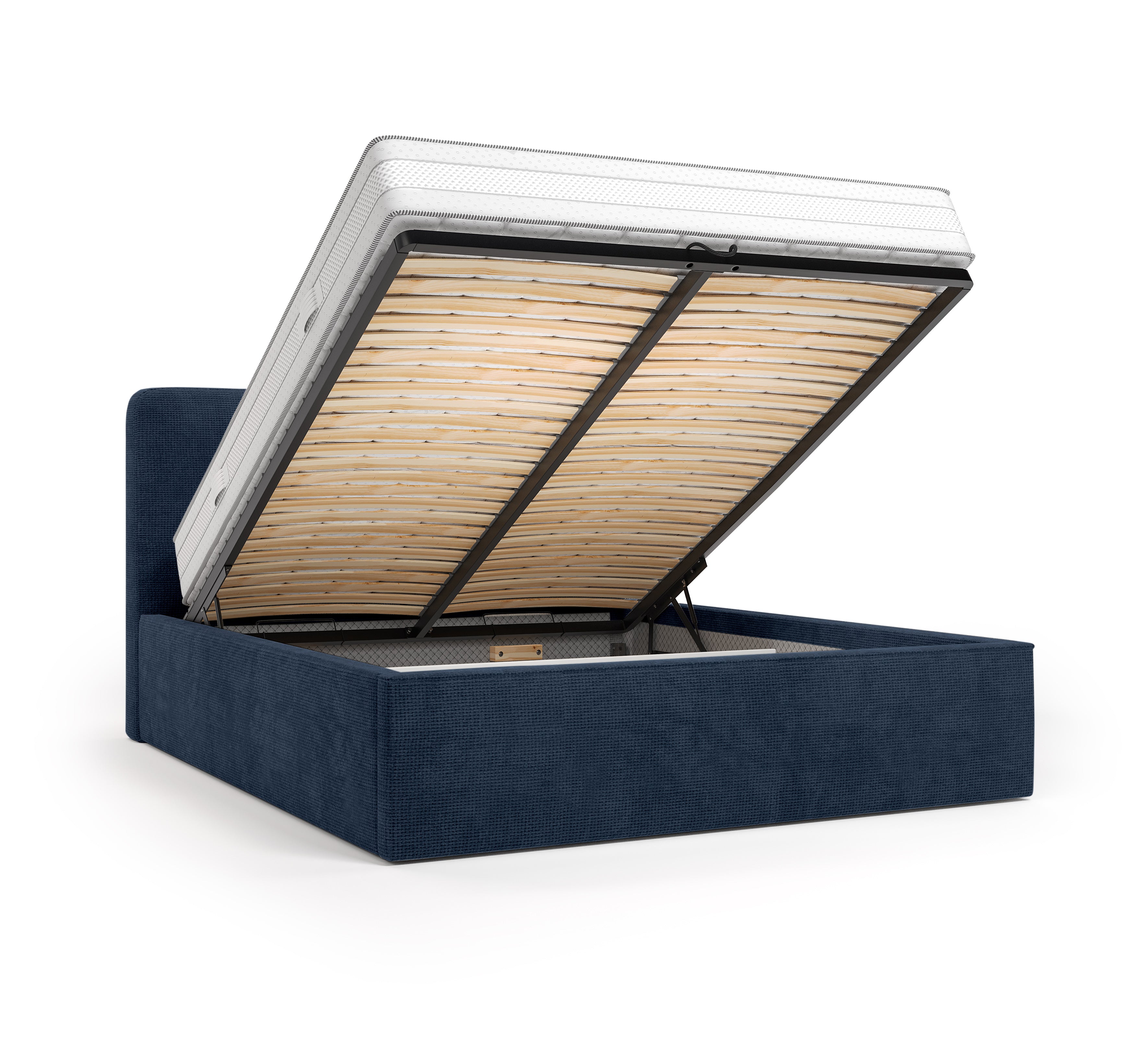 Lit coffre Arbre-Sec 180x200 en tissu chenille bleu Paname Avenue, coffre de rangement ouvert sur fond blanc