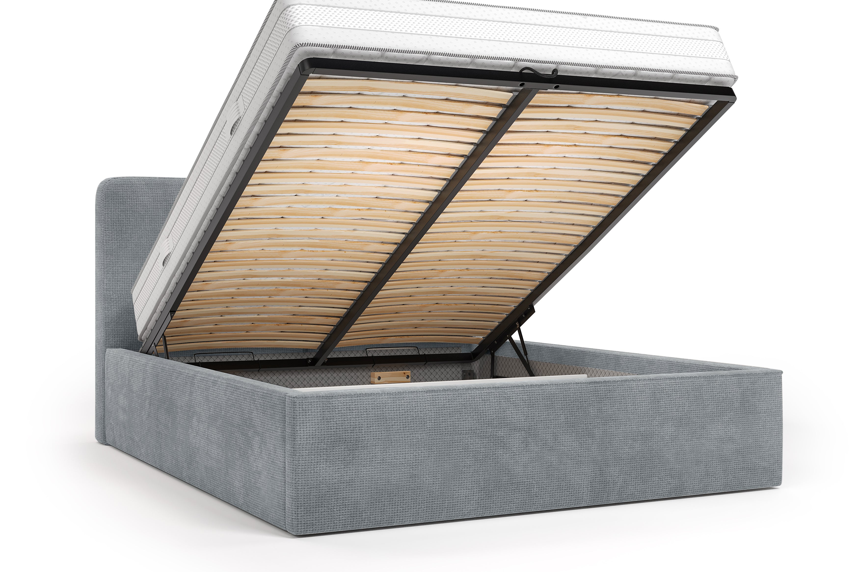 Lit coffre Arbre-Sec 180x200 en tissu chenille gris Paname Avenue, coffre de rangement ouvert sur fond blanc