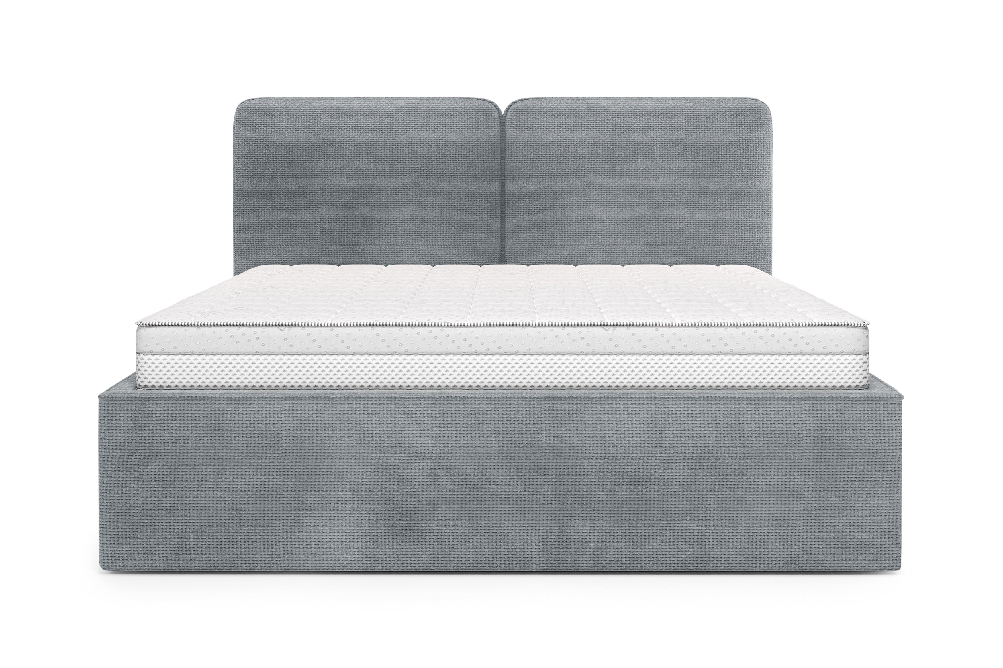Lit coffre Arbre-Sec 180x200 en tissu chenille gris Paname Avenue, vue de face sur fond blanc